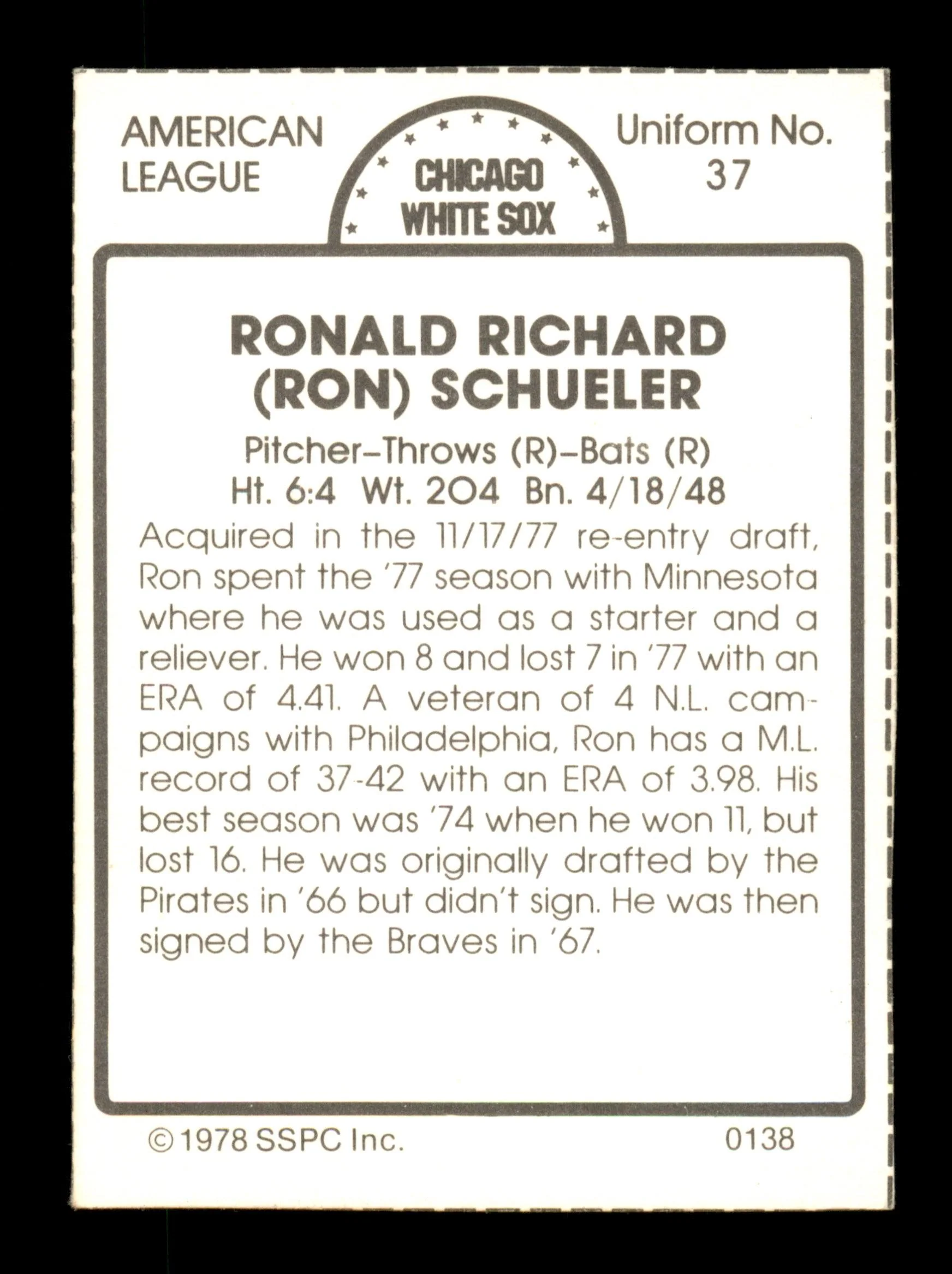 Ron Schueler Autographed 1978 SSPC Card #138 Chicago White Sox SKU #204533 - Image 2