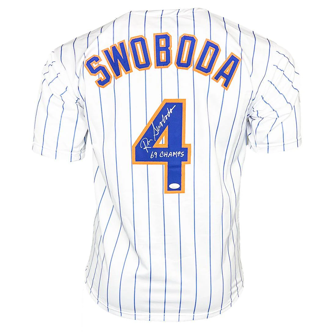 Ron Swoboda Signed 69 Champs Inscription New York Pinstripe Baseball Jersey (JSA)