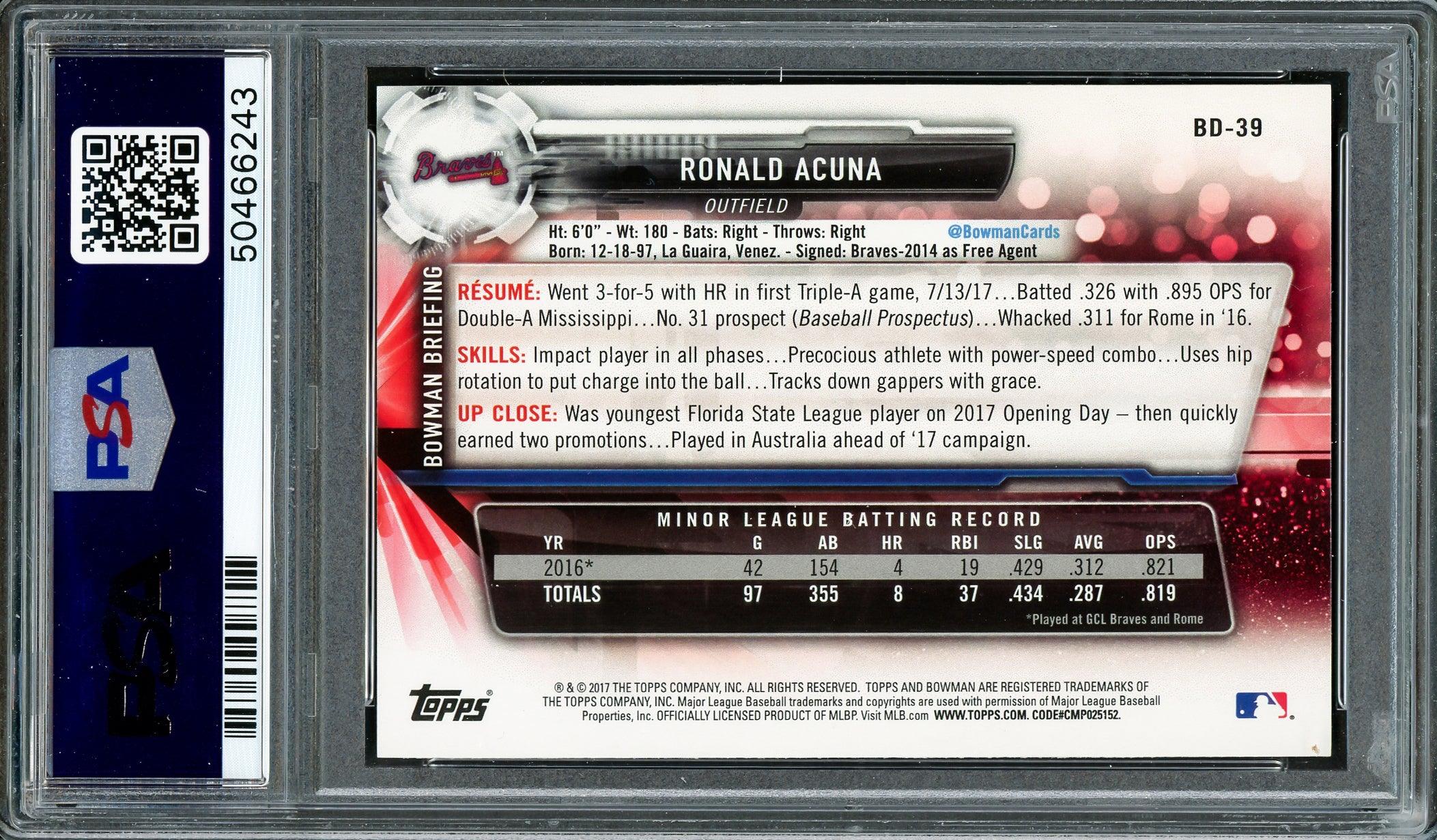 Ronald Acuna Jr. Autographed 2017 Bowman Draft Rookie Card #BD39 Atlanta Braves PSA 9 Auto Grade Gem Mint 10 PSA/DNA #50466243 - Image 2