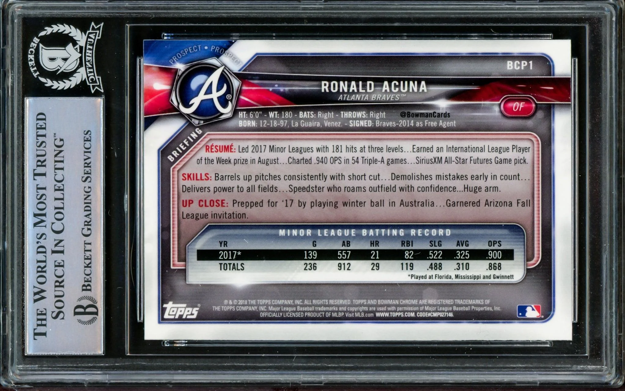 Ronald Acuna Jr. Autographed 2018 Bowman Chrome Prospects Card #BCP1 Atlanta Braves Beckett BAS #14612566 - Image 2