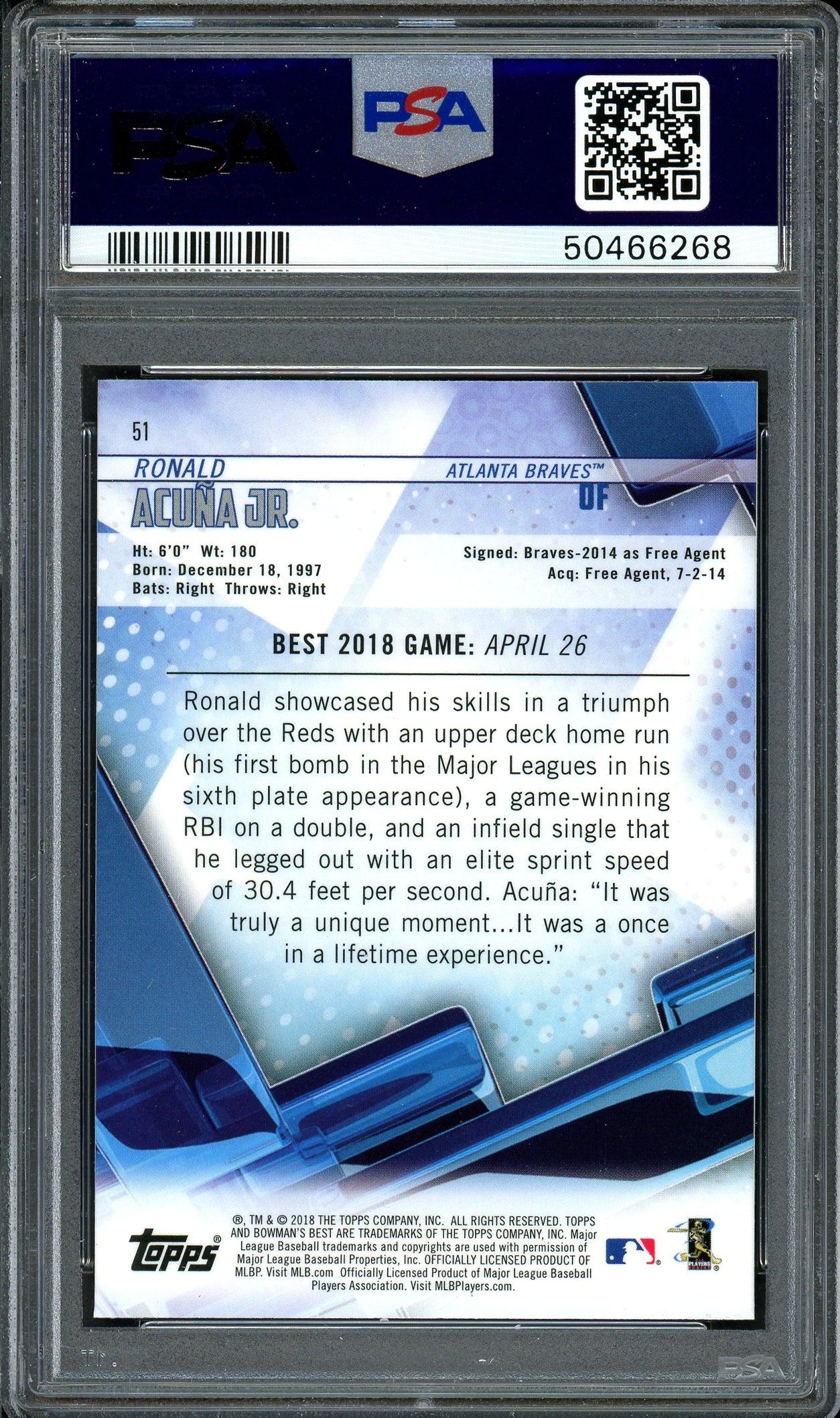 Ronald Acuna Jr. Autographed 2018 Bowman's Best Rookie Card #51 Atlanta Braves Card Grade 9 PSA/DNA #50466268 - Image 2