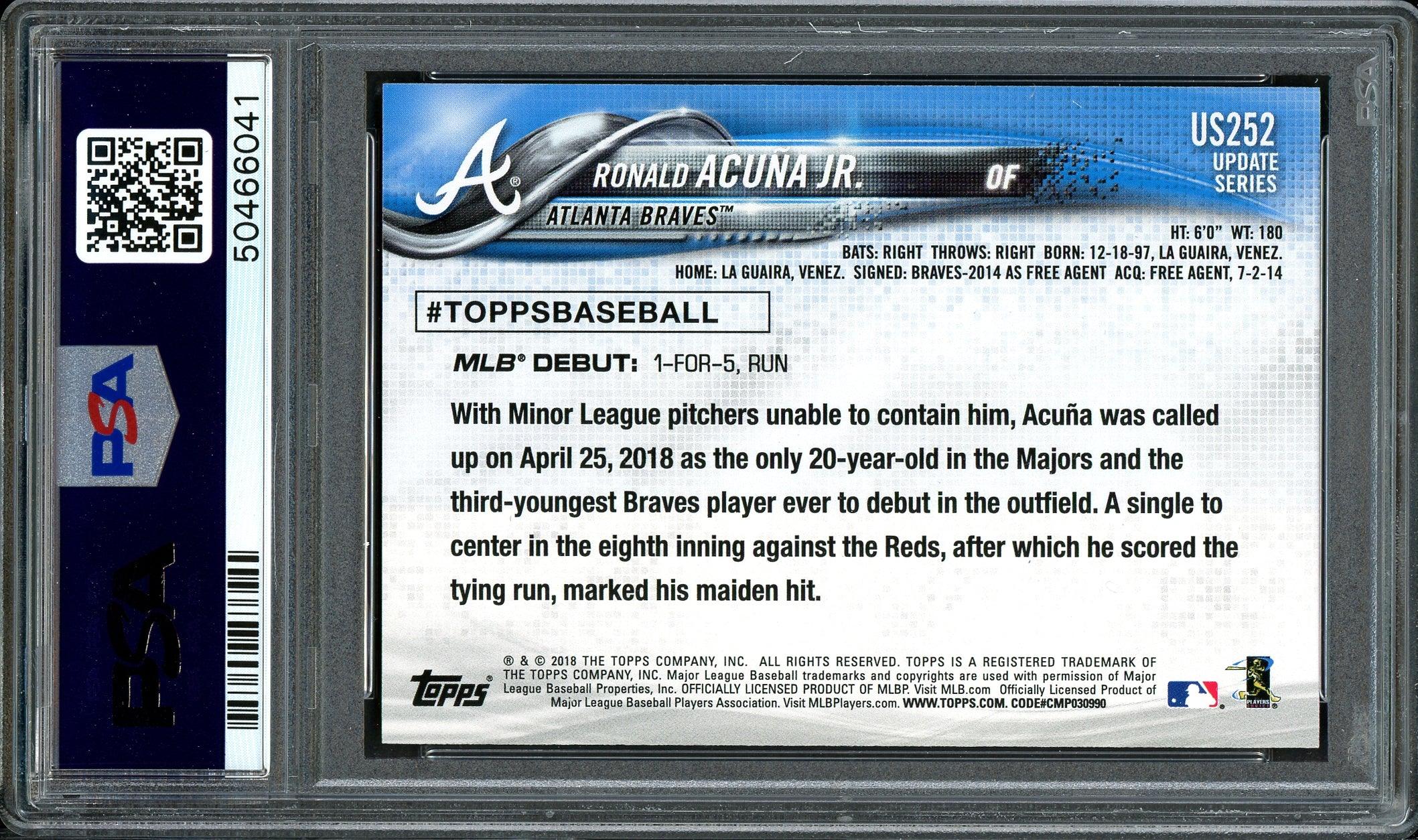 Ronald Acuna Jr. Autographed 2018 Topps Update Rookie Card #US252 Atlanta Braves Auto Grade 10 Card Grade NM-MT 8 PSA/DNA #50466041 - Image 2