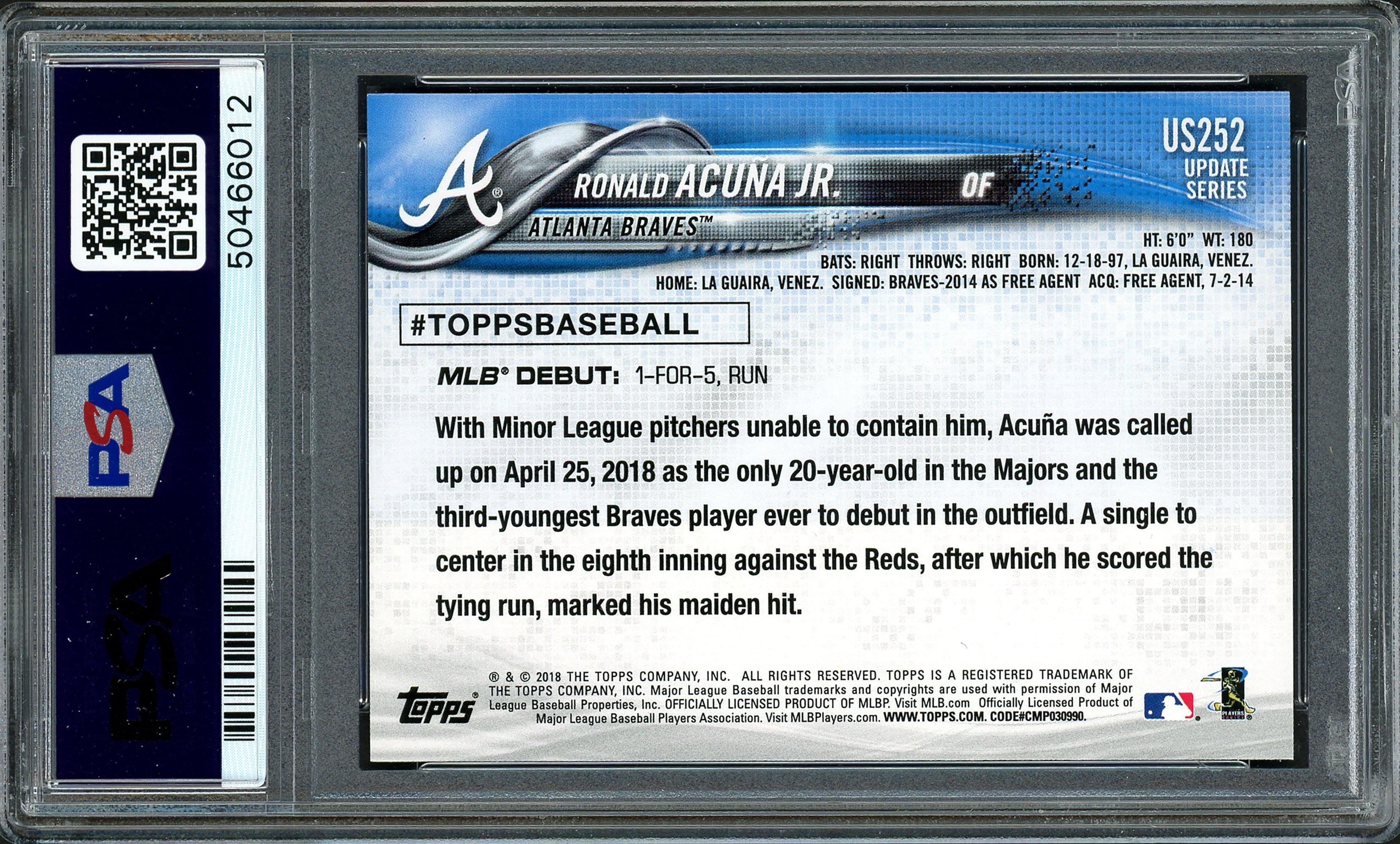 Ronald Acuna Jr. Autographed 2018 Topps Update Rookie Card #US252 Atlanta Braves PSA 9 Auto Grade Gem Mint 10 PSA/DNA #50466012 - Image 2
