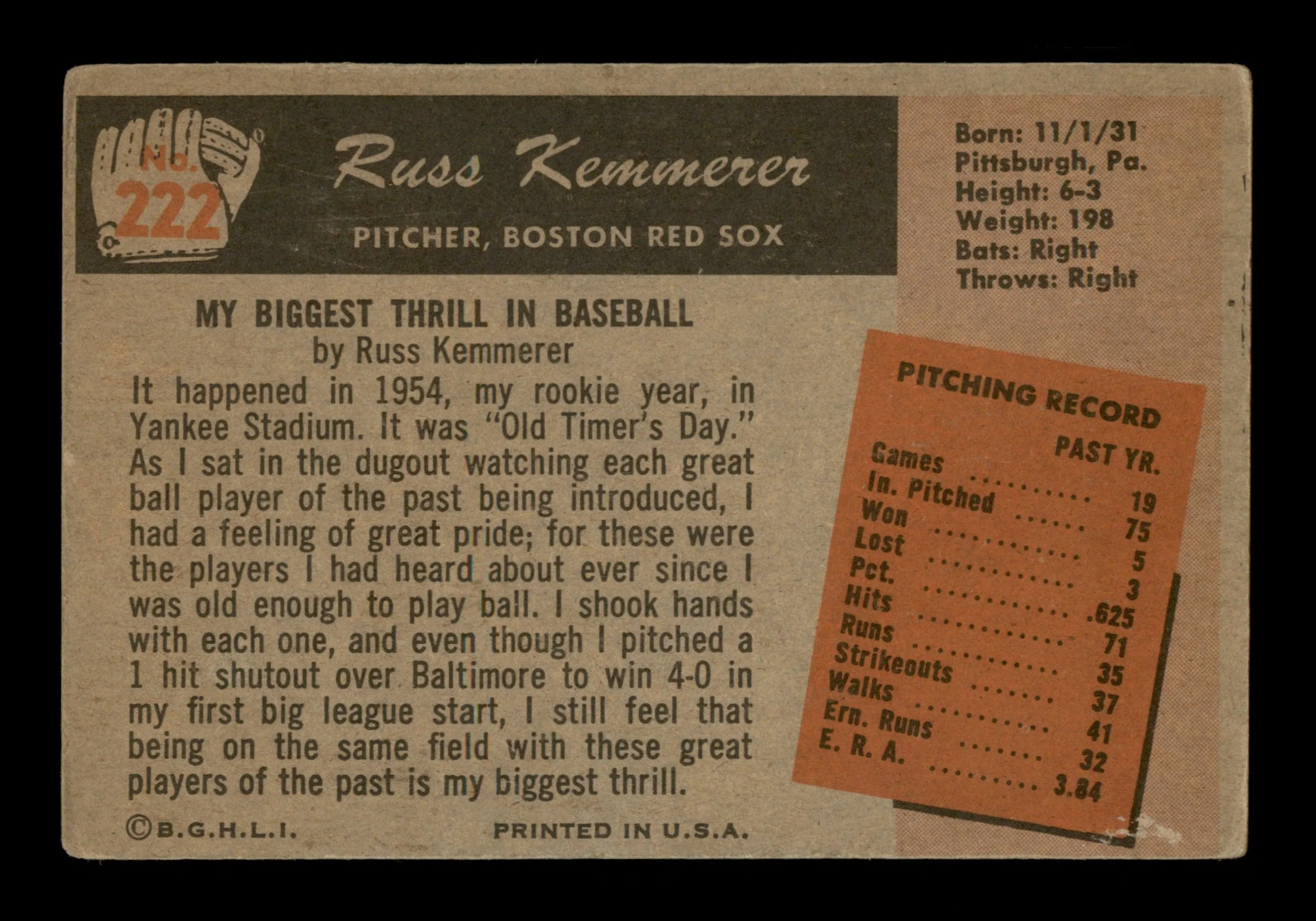 Russ Kemmerer Autographed 1955 Bowman Card #222 Boston Red Sox SKU #187812 - Image 2