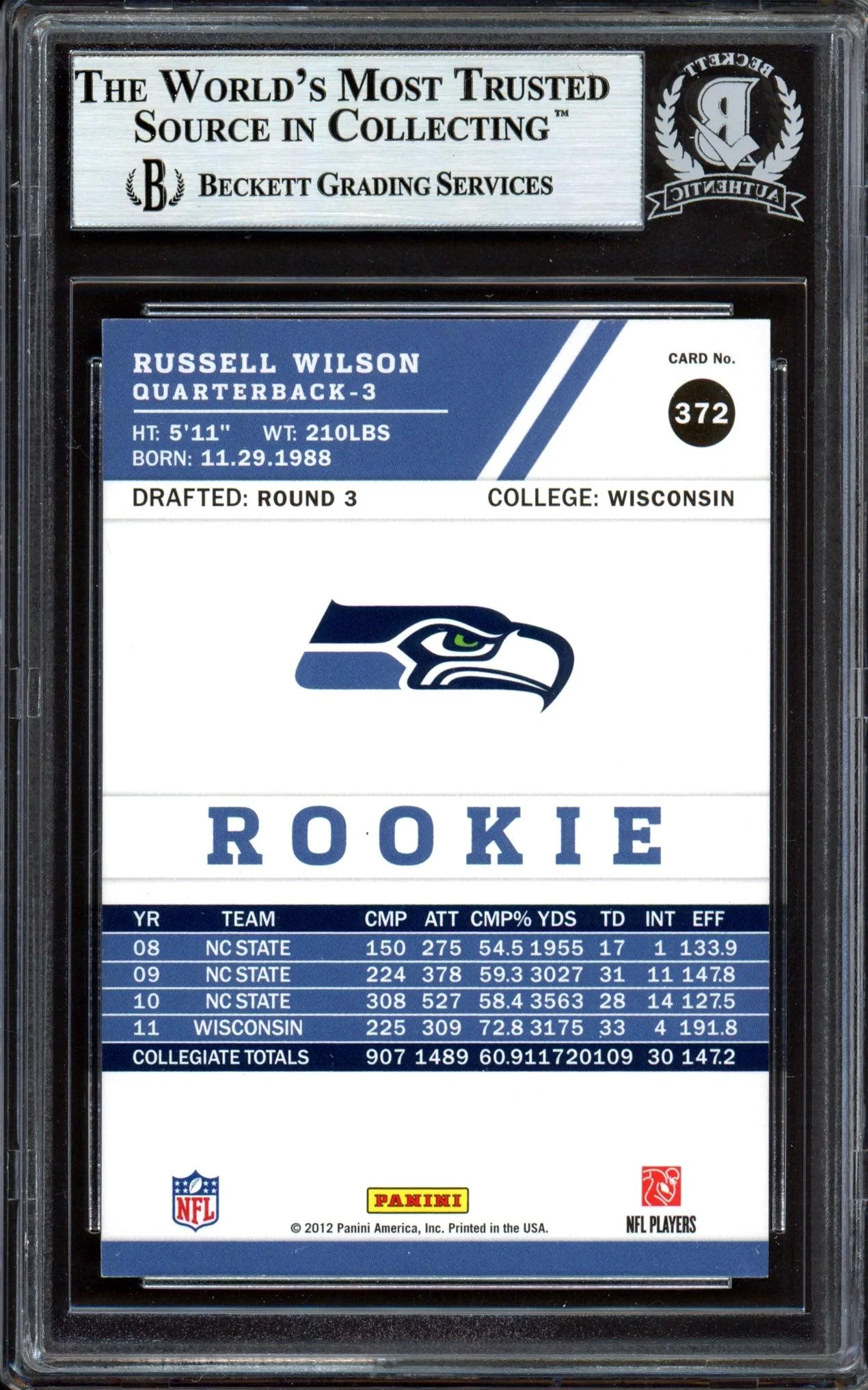 Russell Wilson Autographed 2012 Score Glossy Rookie Card #372 Seattle Seahawks Beckett BAS #13447085 - Image 2