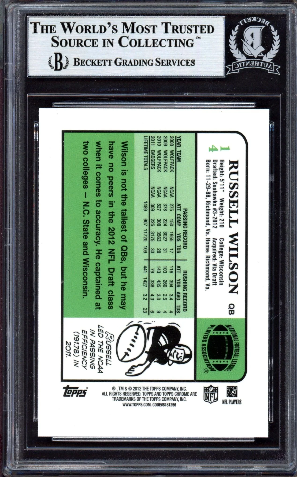 Russell Wilson Autographed 2012 Topps Chrome Rookie Card #14 Seattle Seahawks Beckett BAS #13447119 - Image 2