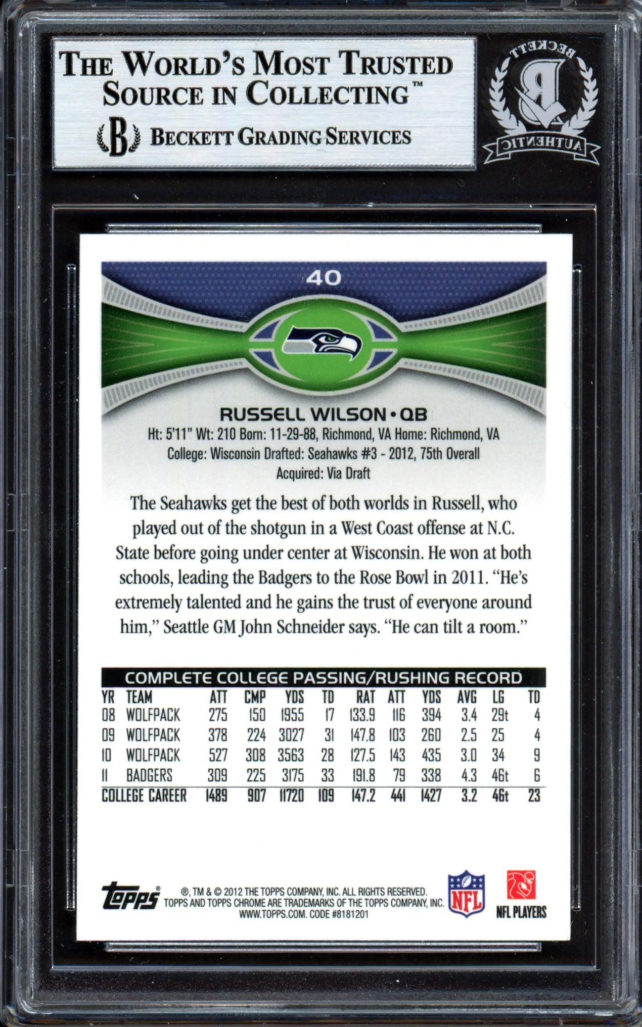 Russell Wilson Autographed 2012 Topps Chrome Rookie Card #40 Seattle Seahawks Beckett BAS #13447113 - Image 2