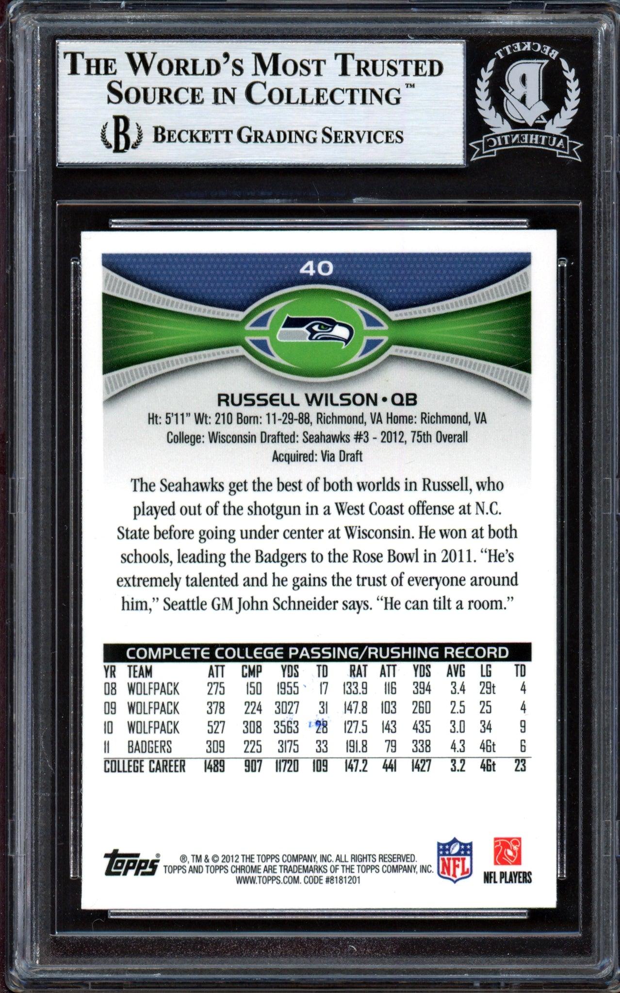 Russell Wilson Autographed 2012 Topps Chrome Rookie Card #40 Seattle Seahawks (Bubbling) Beckett BAS #13447115 - Image 2