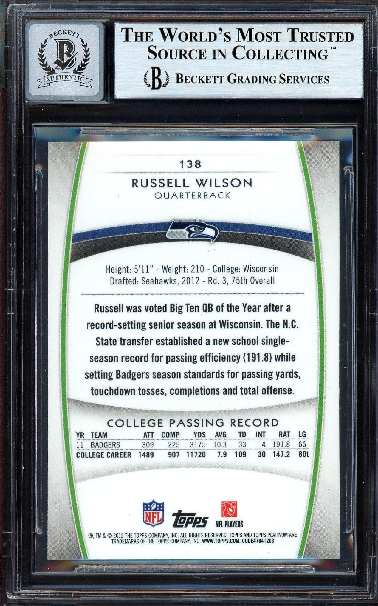 Russell Wilson Autographed 2012 Topps Platinum Rookie Card #138 Seattle Seahawks Auto Grade Gem Mint 10 Beckett BAS #13315616 - Image 2