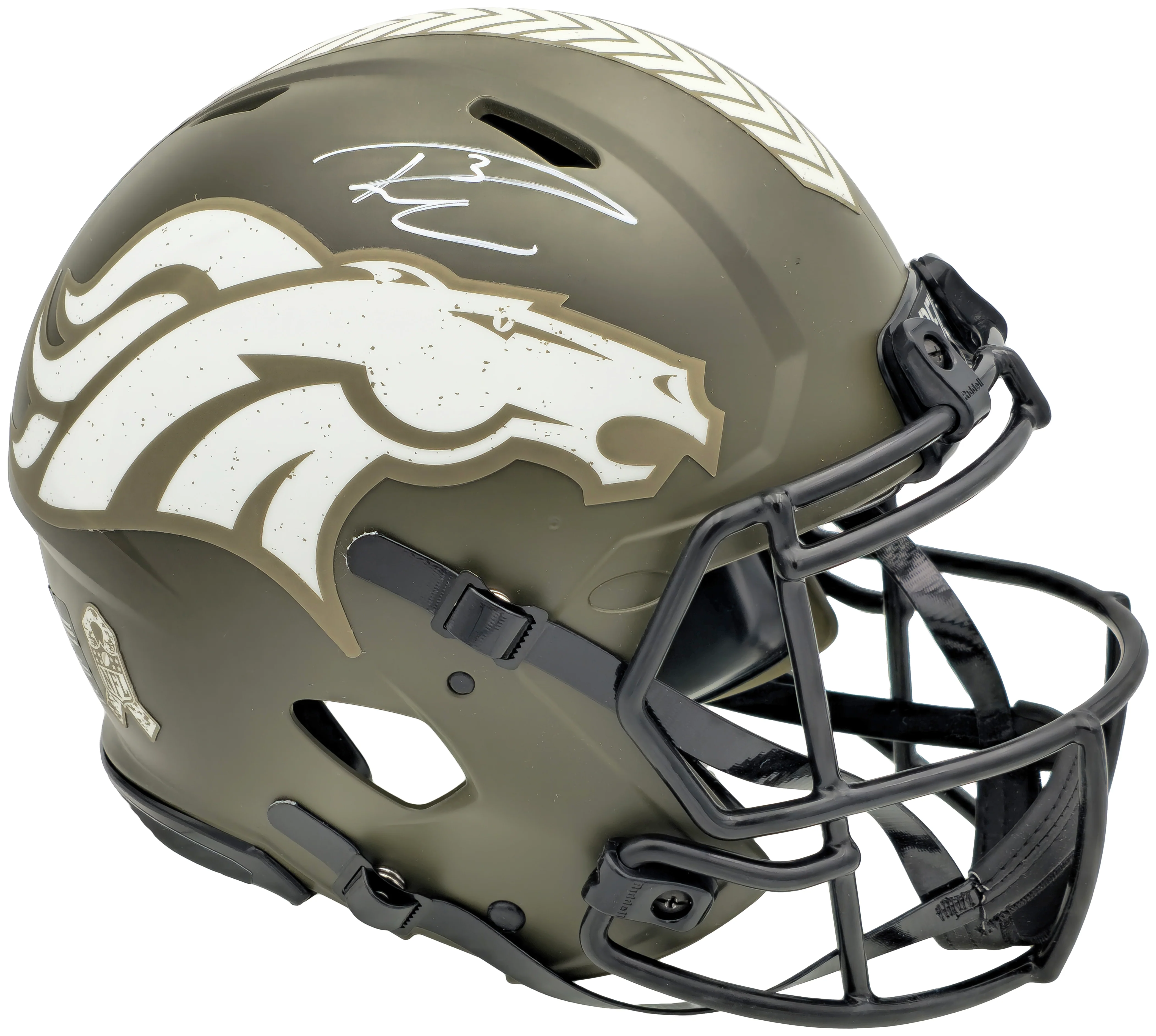 Russell Wilson Autographed Denver Broncos Camo Green Salute to Service Full Size Authentic Speed Helmet Fanatics Holo
