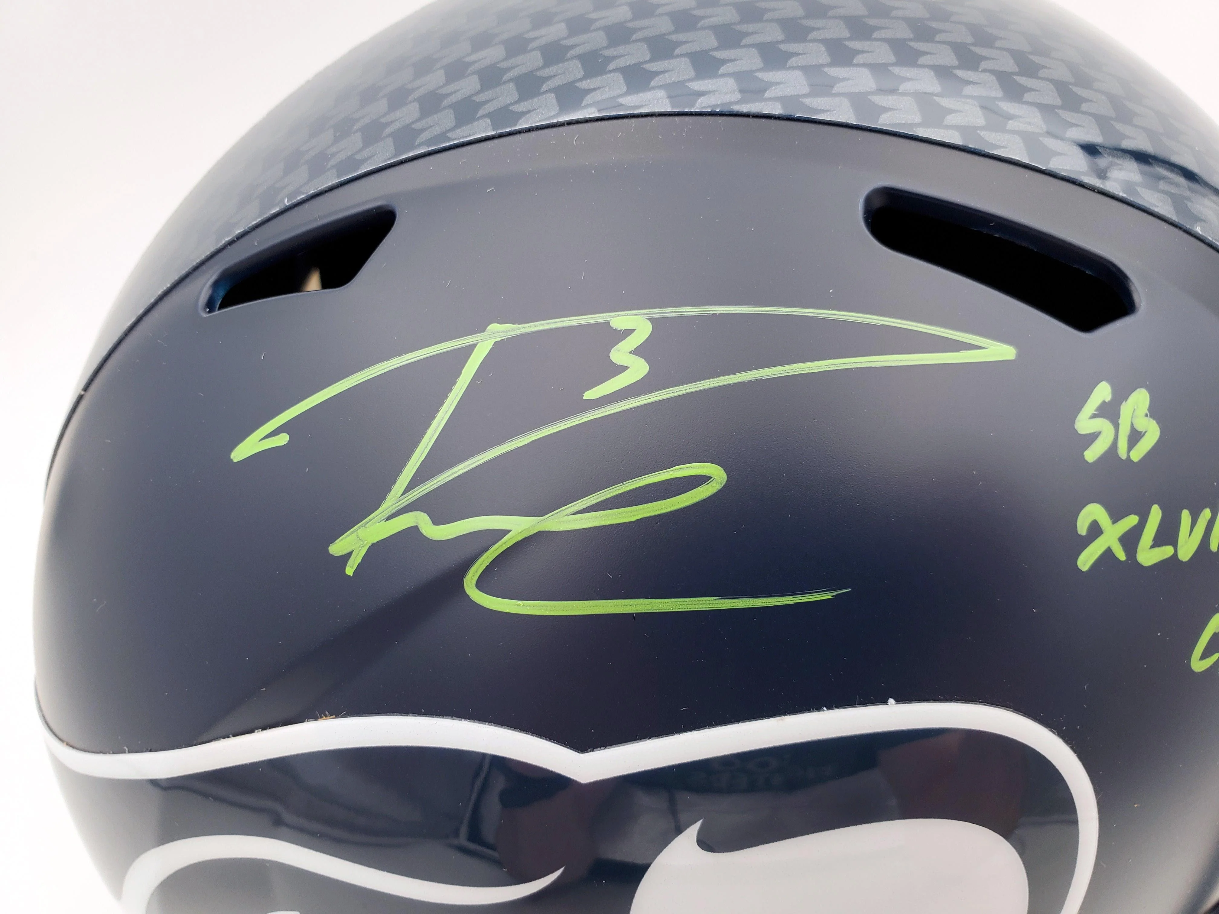 Russell Wilson Autographed Seattle Seahawks Full Size Replica Speed Helmet "SB XLVIII Champs" In Green RW Holo Stock #94267 - Image 2