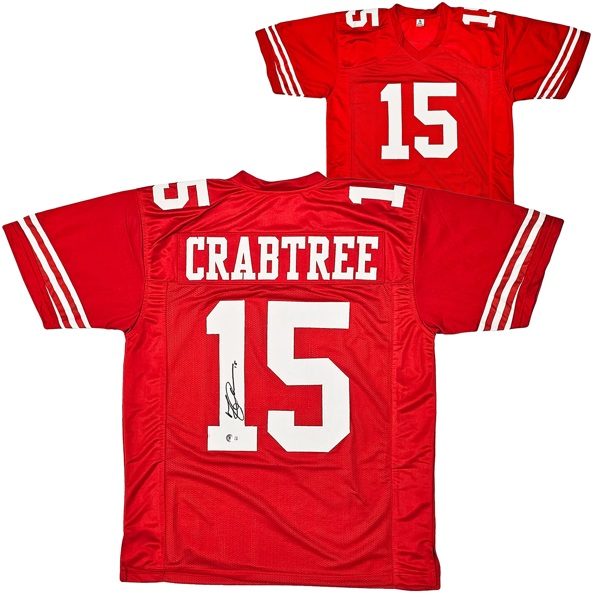 San Francisco 49ers Michael Crabtree Autographed Red Jersey Beckett BAS Witness Stock #215670