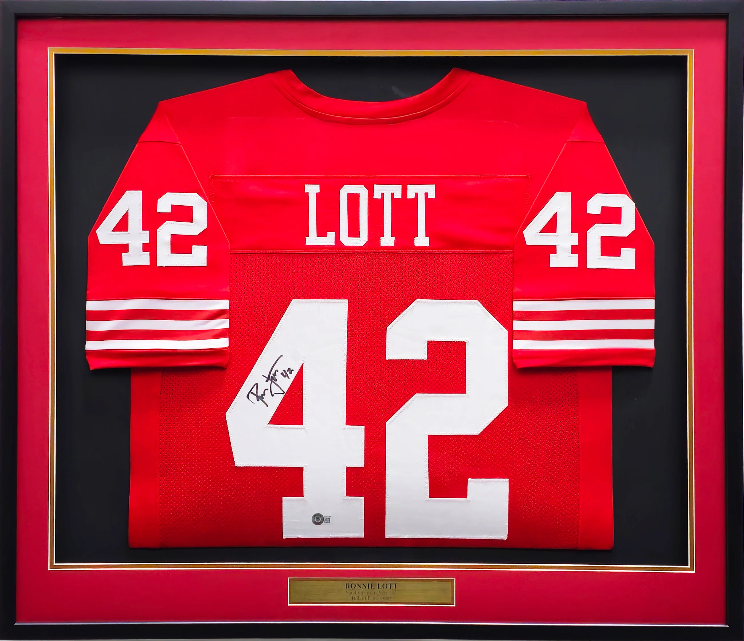 San Francisco 49ers Ronnie Lott Autographed Framed Red Jersey Beckett BAS Witness #WZ61084