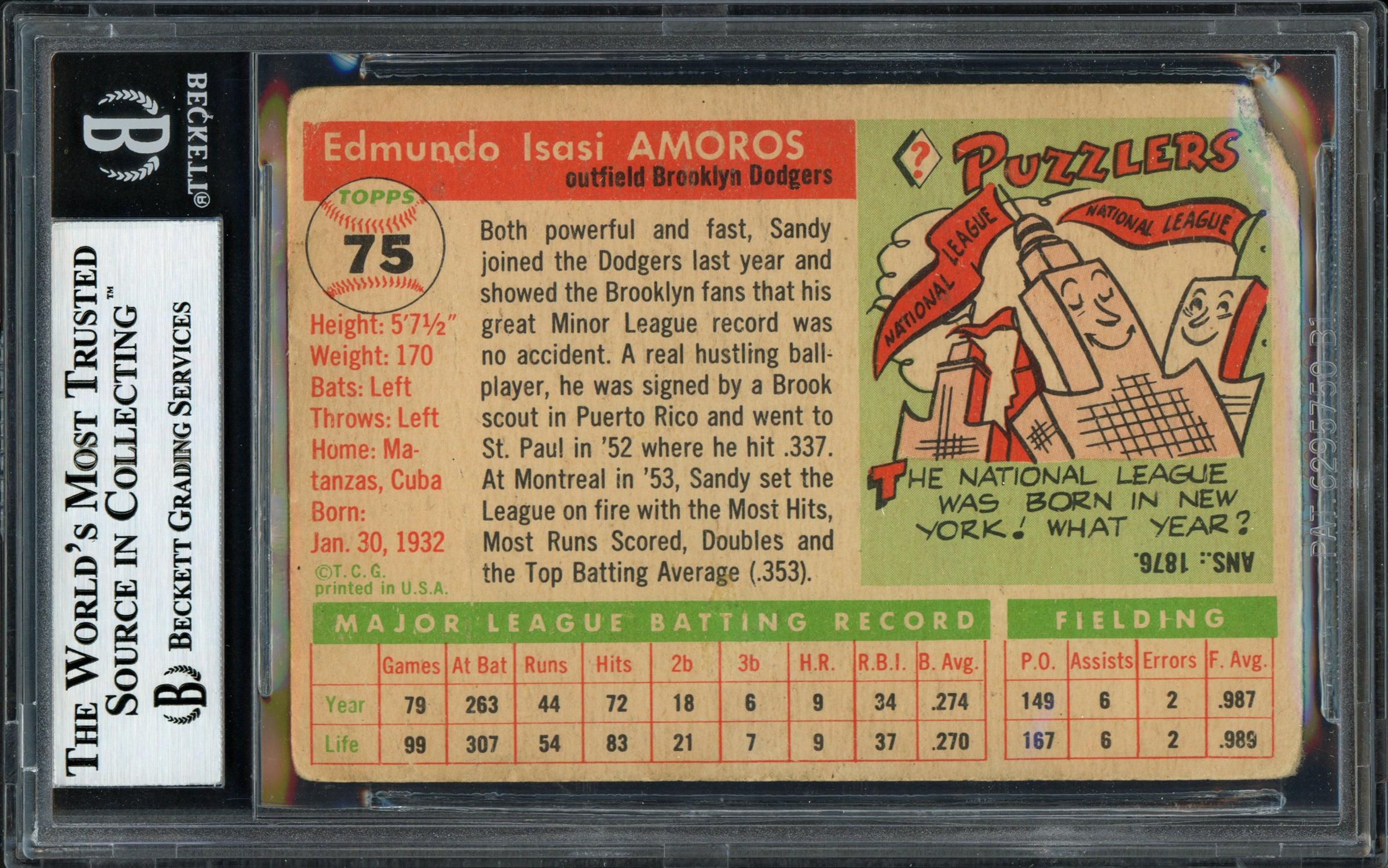 Sandy Amoros Autographed 1955 Topps Rookie Card #75 Brooklyn Dodgers Beckett BAS #12058871 - Image 2