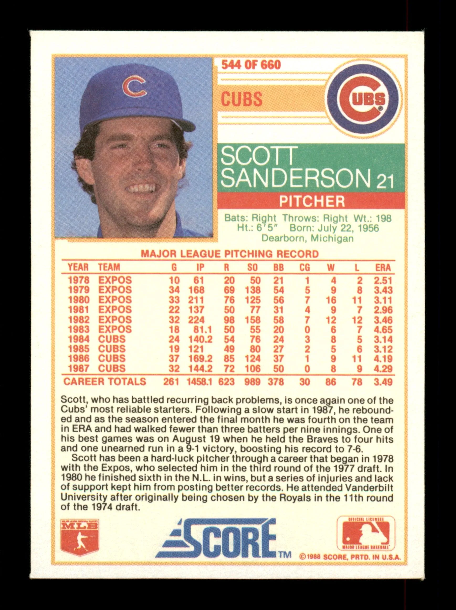 Scott Sanderson Autographed 1988 Score Card #544 Chicago Cubs SKU #188426 - Image 2