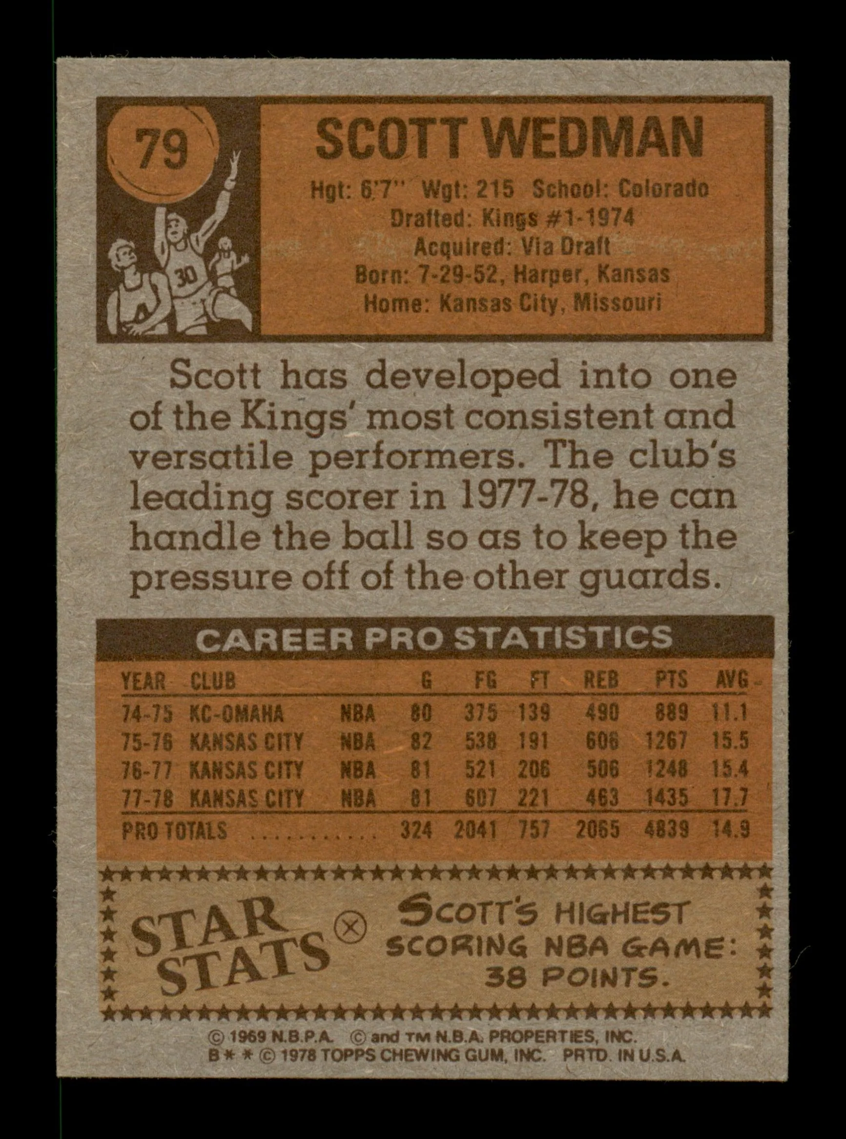 Scott Wedman Autographed 1978-79 Topps Card #79 Kansas City Kings SKU #195475 - Image 2