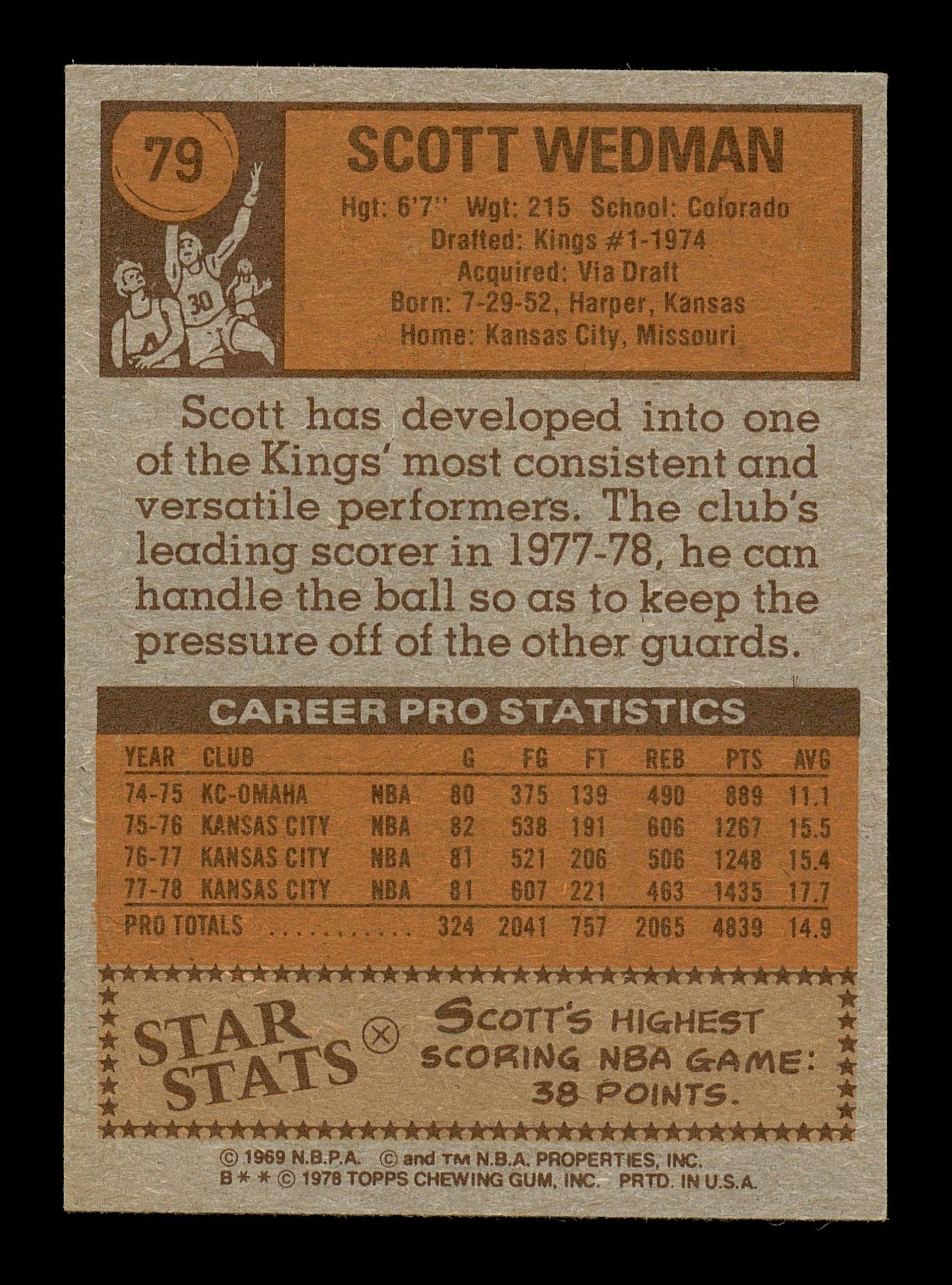 Scott Wedman Autographed 1978-79 Topps Card #79 Los Angeles Lakers SKU #167359 - Image 2