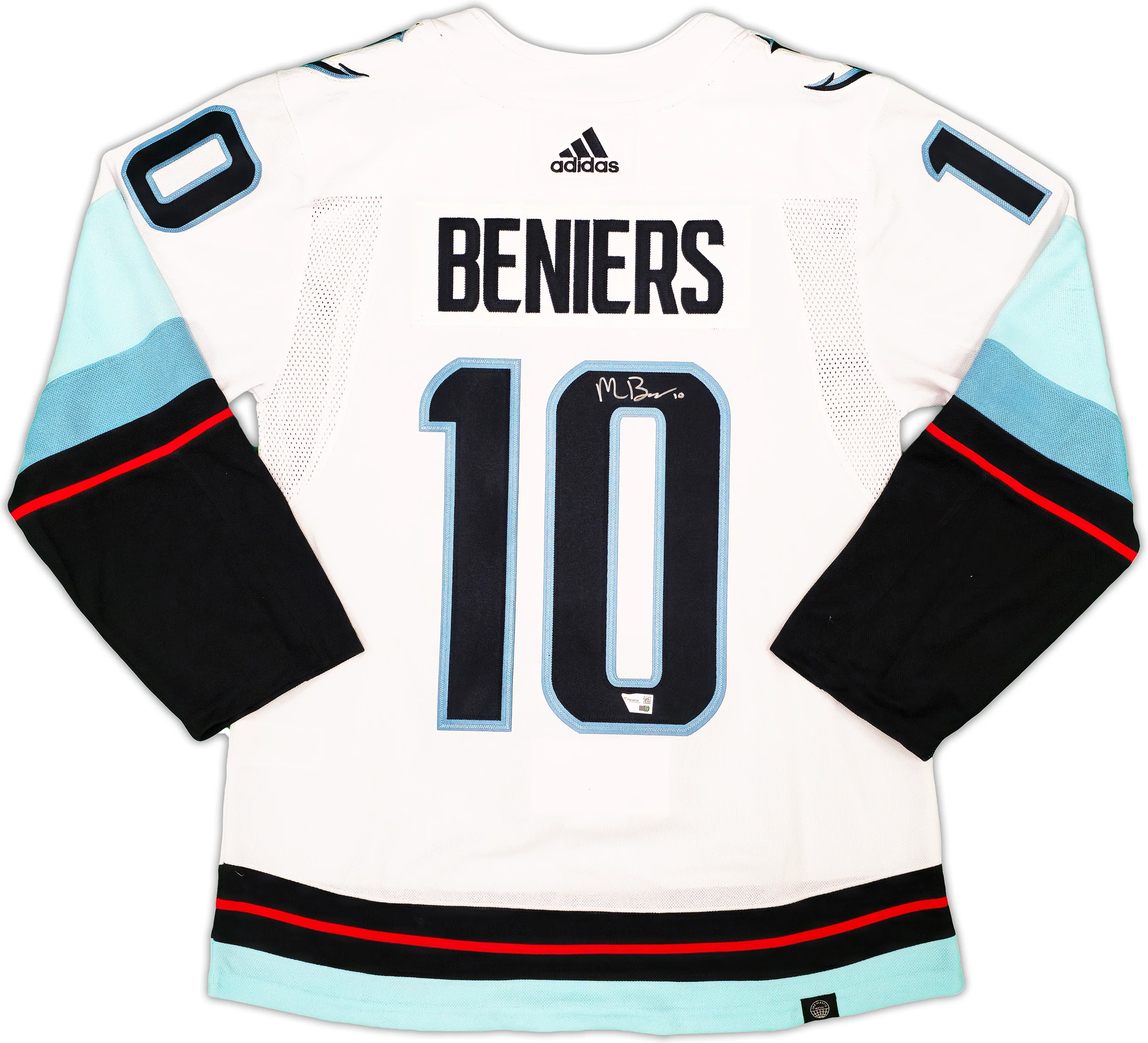 Seattle Kraken Matty Beniers Autographed White Adidas Authentic Jersey Size 46 Fanatics Holo