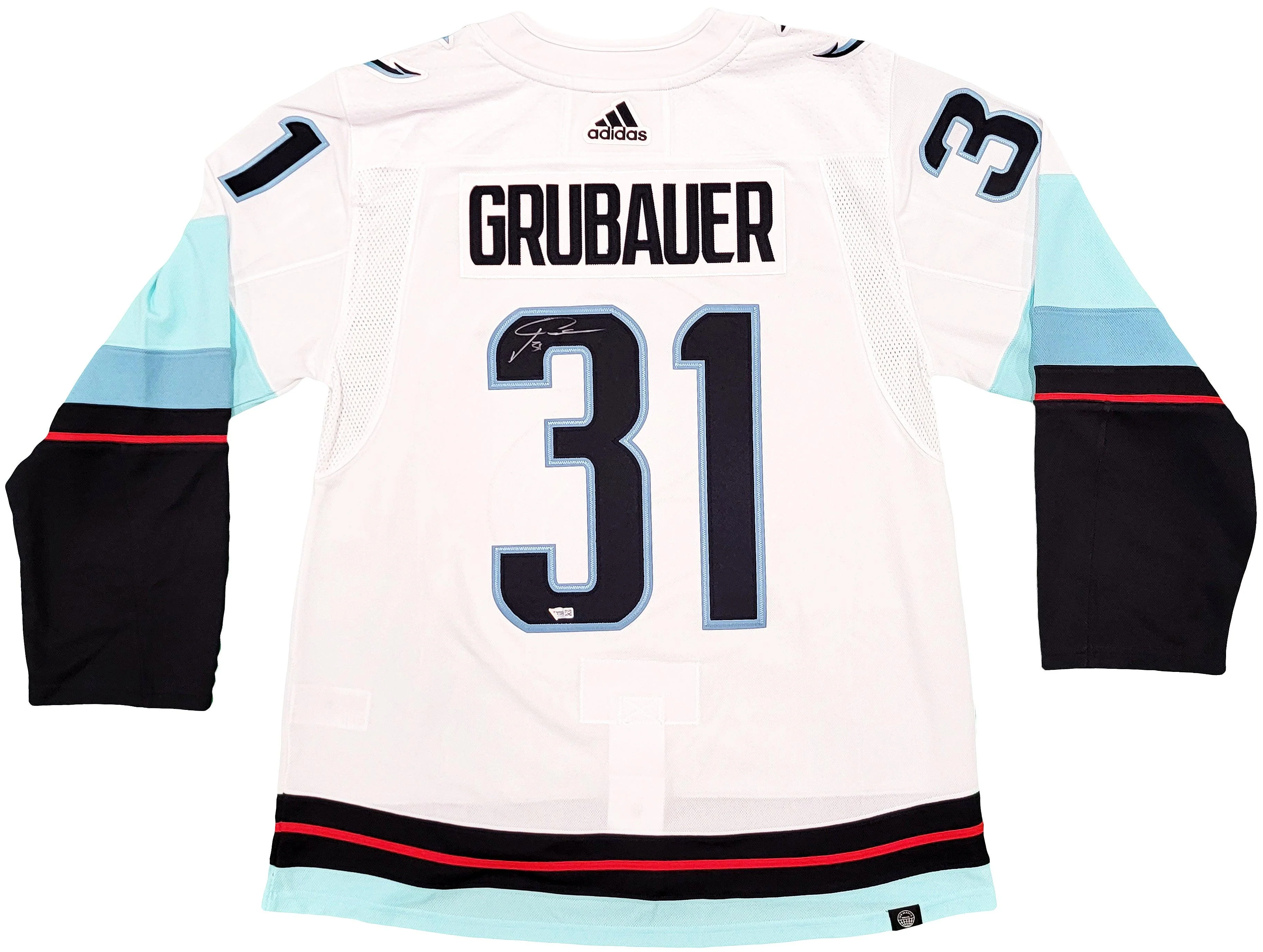 Seattle Kraken Philipp Grubauer Autographed White Adidas Jersey Inaugural Season Patch Fanatics Holo Stock #201665 - Image 2