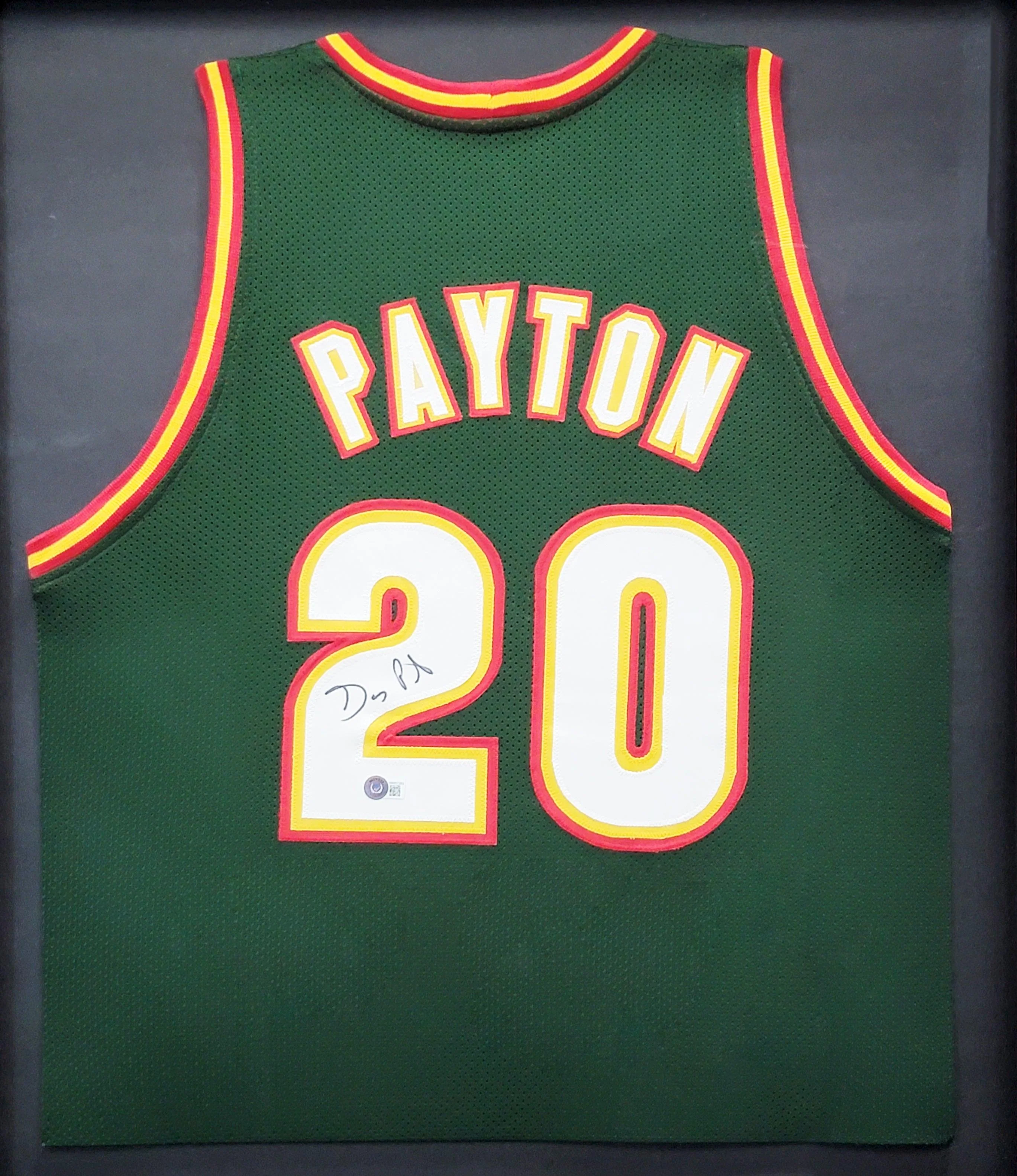 Seattle Supersonics Gary Payton Autographed Framed Green & Red Jersey Beckett BAS Stock #206947 - Image 2