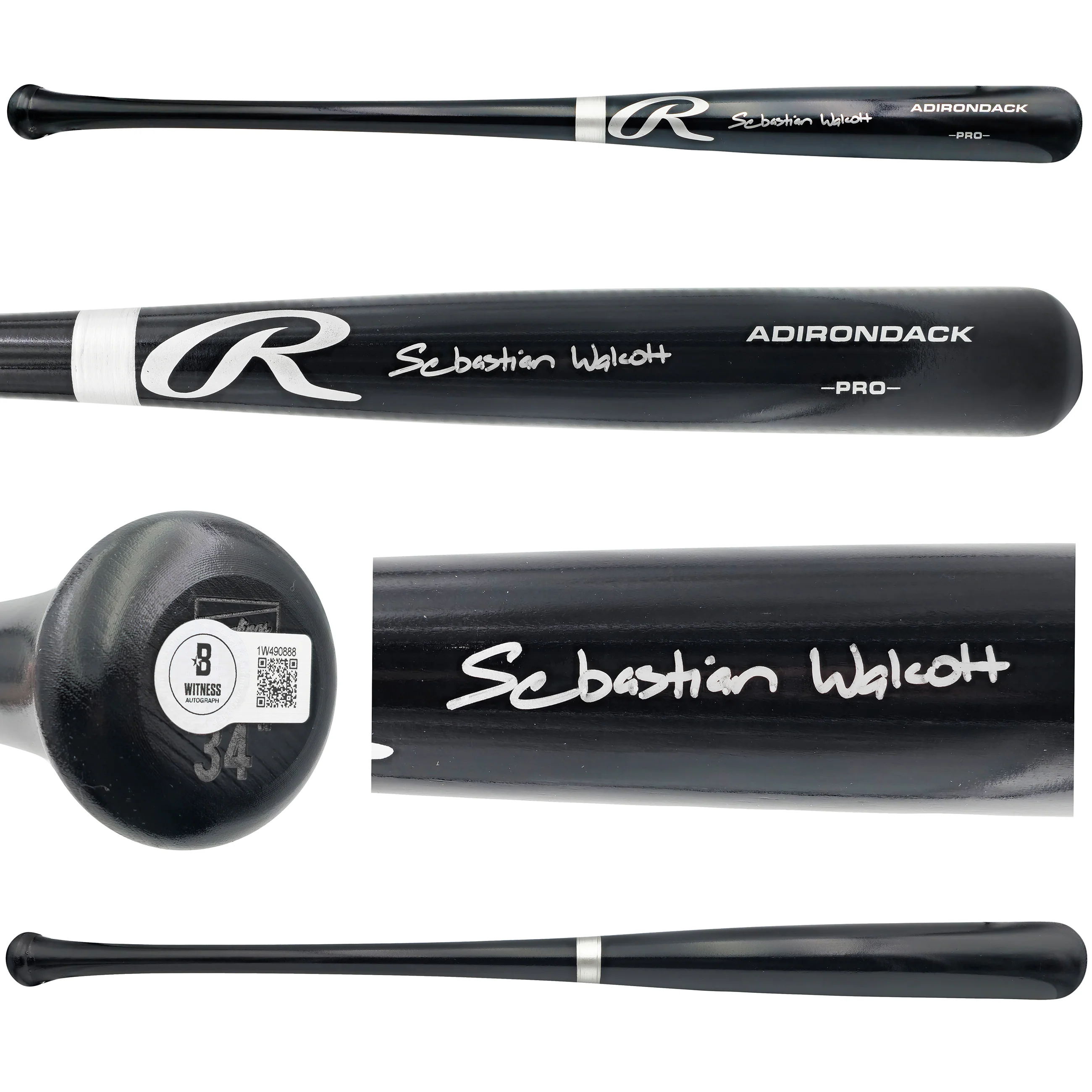 Sebastian Walcott Autographed Black Rawlings Adirondack Baseball Bat Texas Rangers Full Name Beckett BAS Witness