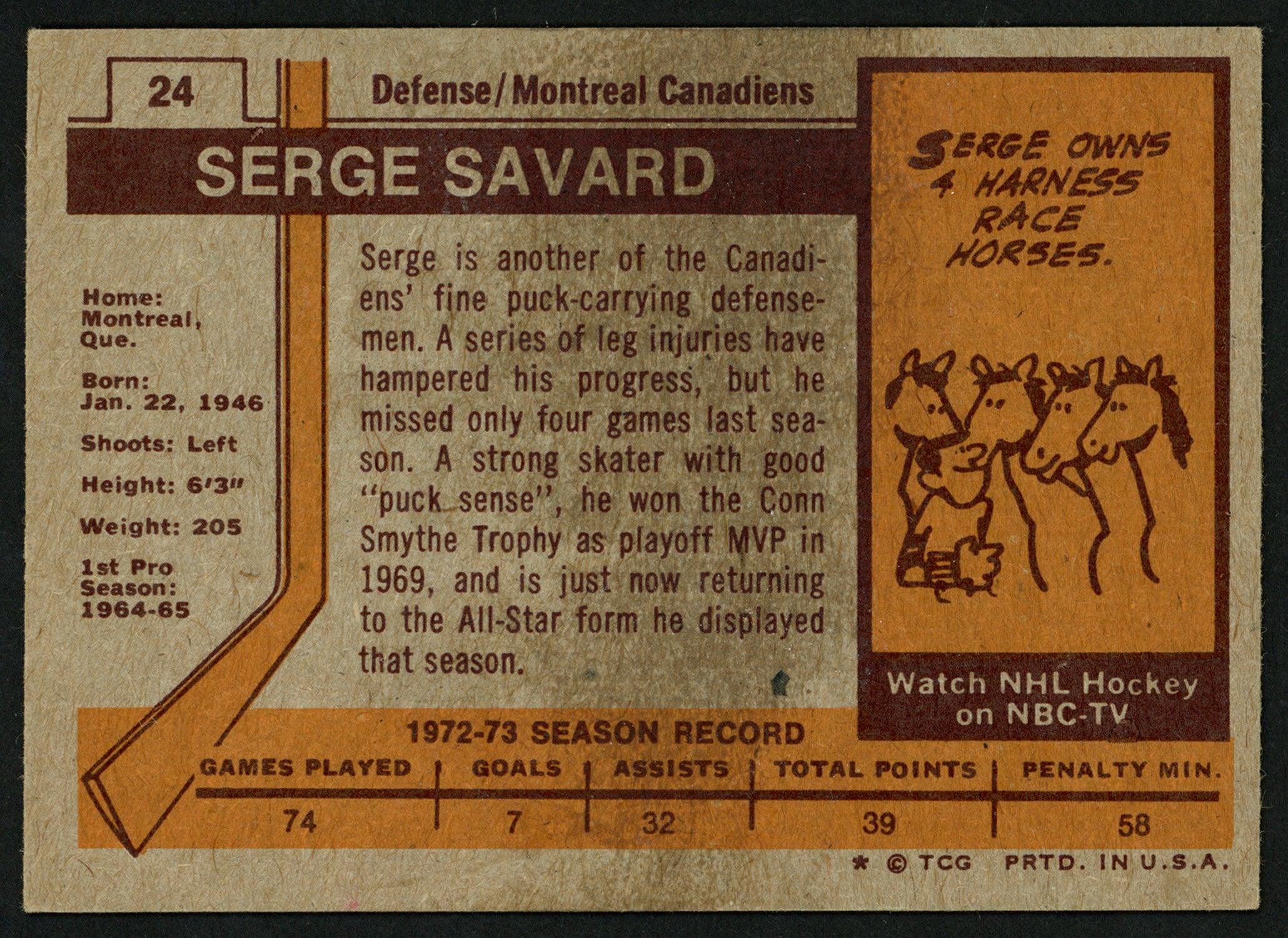 Serge Savard Autographed 1973-74 Topps Card #24 Montreal Canadiens SKU #149962 - Image 2