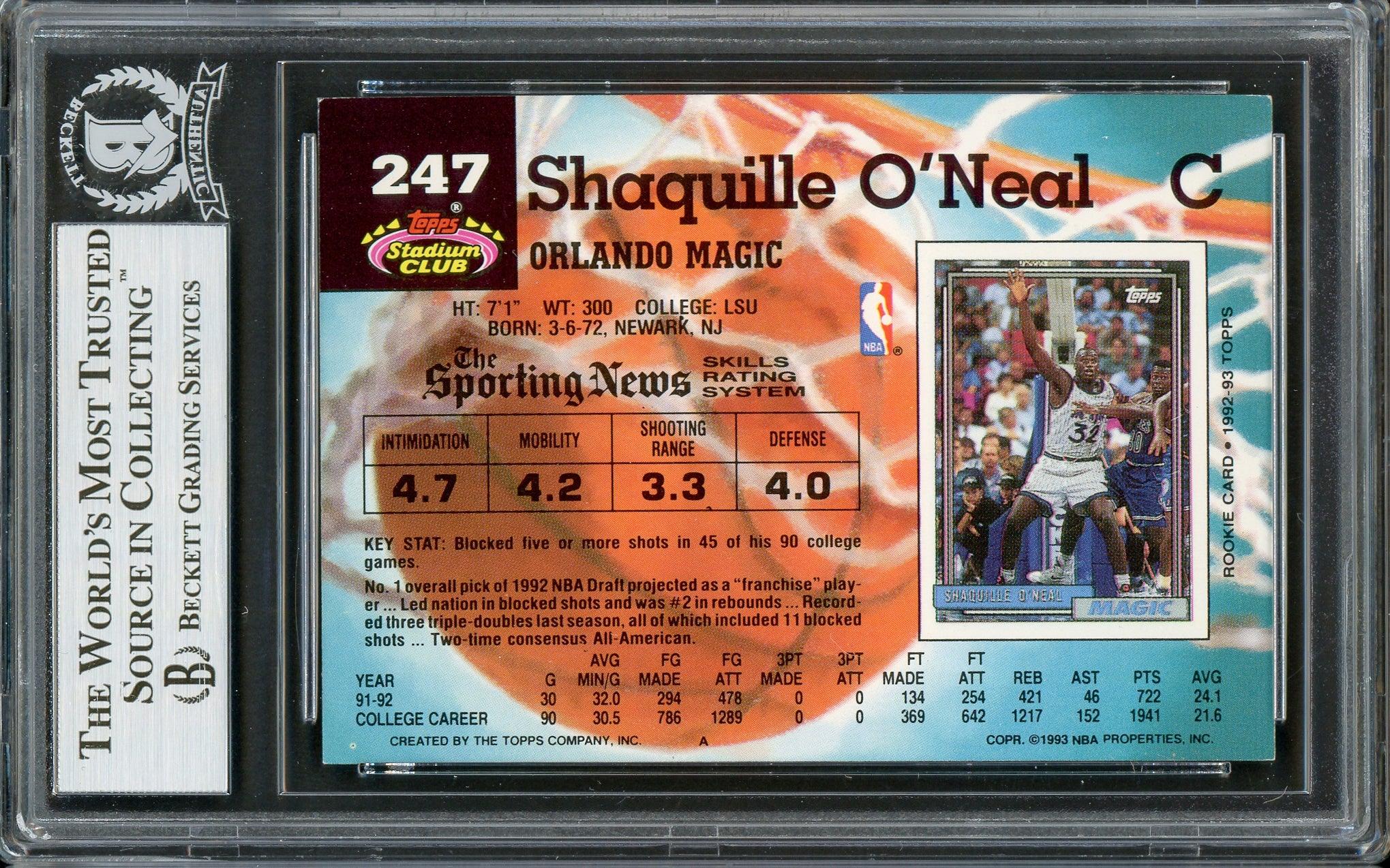Shaquille Shaq O'Neal Autographed 1992-93 Stadium Club Rookie Card #247 Orlando Magic Beckett BAS #13020287 - Image 2