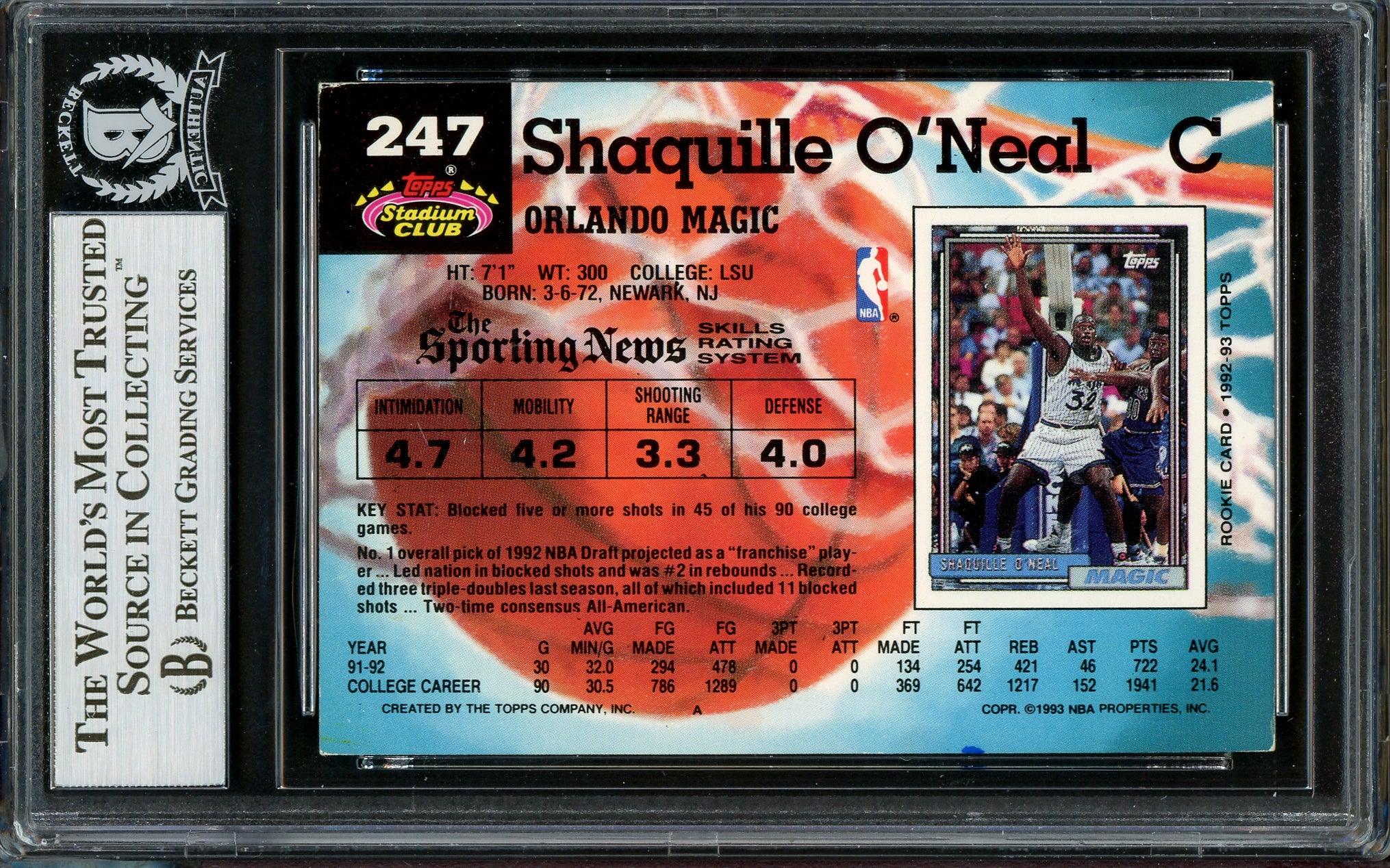 Shaquille Shaq O'Neal Autographed 1992-93 Stadium Club Rookie Card #247 Orlando Magic Beckett BAS #13020289 - Image 2