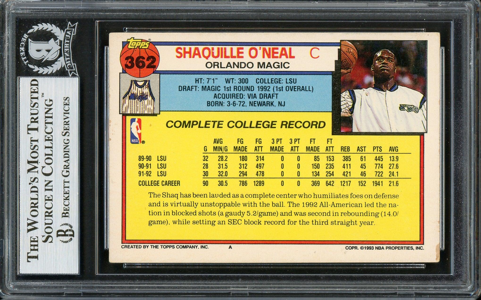 Shaquille Shaq O'Neal Autographed 1992-93 Topps Rookie Card #362 Orlando Magic (Off Condition) Beckett BAS #13020385 - Image 2