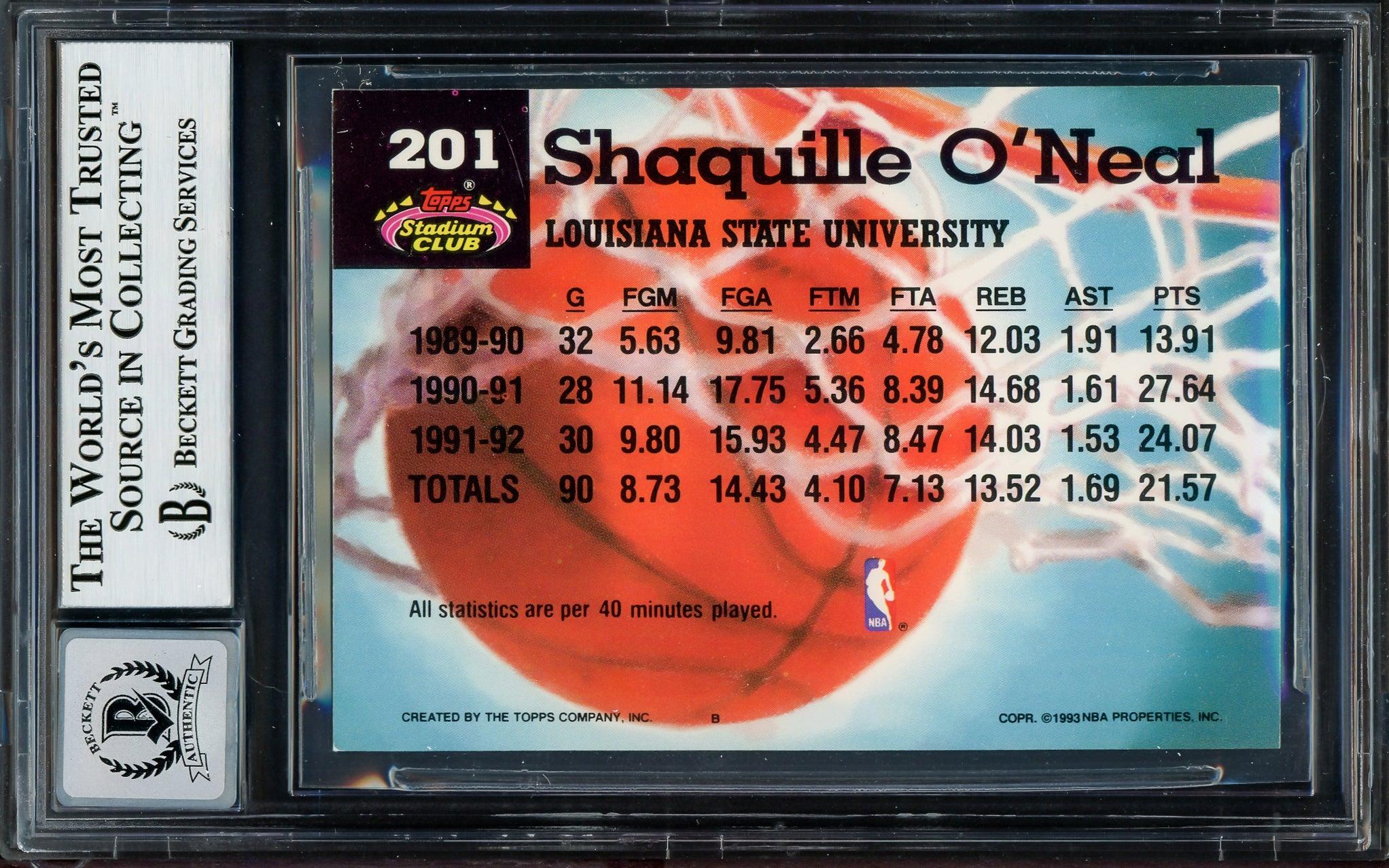 Shaquille Shaq O'Neal Autographed 1992 Stadium Club Rookie Card #201 Orlando Magic Auto Grade Gem Mint 10 Beckett BAS #13315032 - Image 2