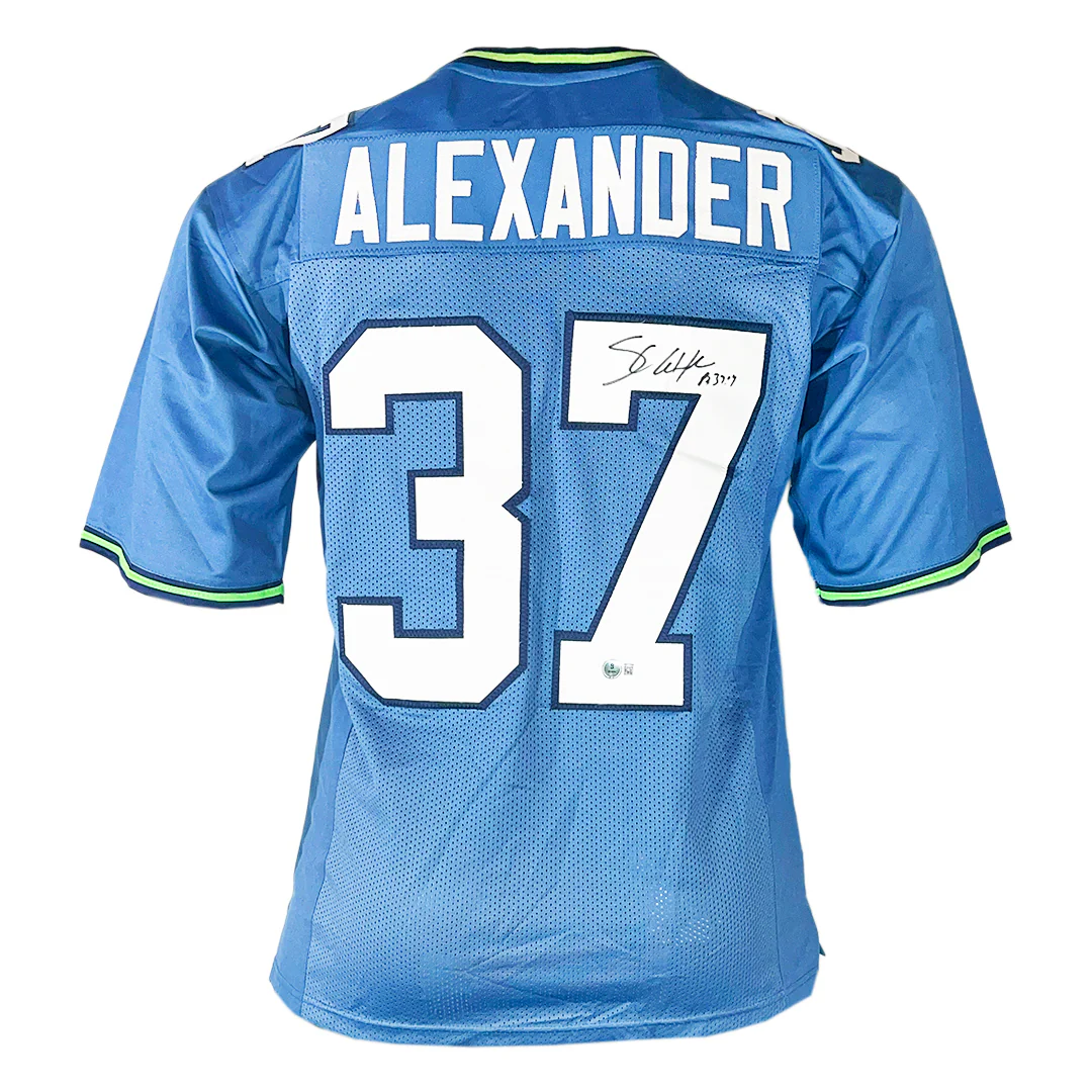 Shaun Alexander Signed Psalms Inscription Seattle Light Blue Football Jersey (Beckett)