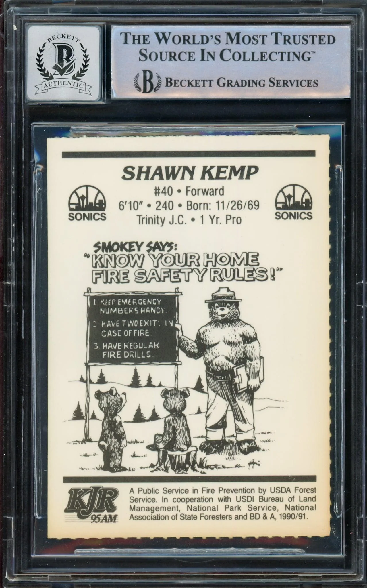 Shawn Kemp Autographed 1990 Smokey The Bear Rookie Card #7 Seattle Super Sonics Auto Grade Gem Mint 10 Beckett BAS #14236623 - Image 2