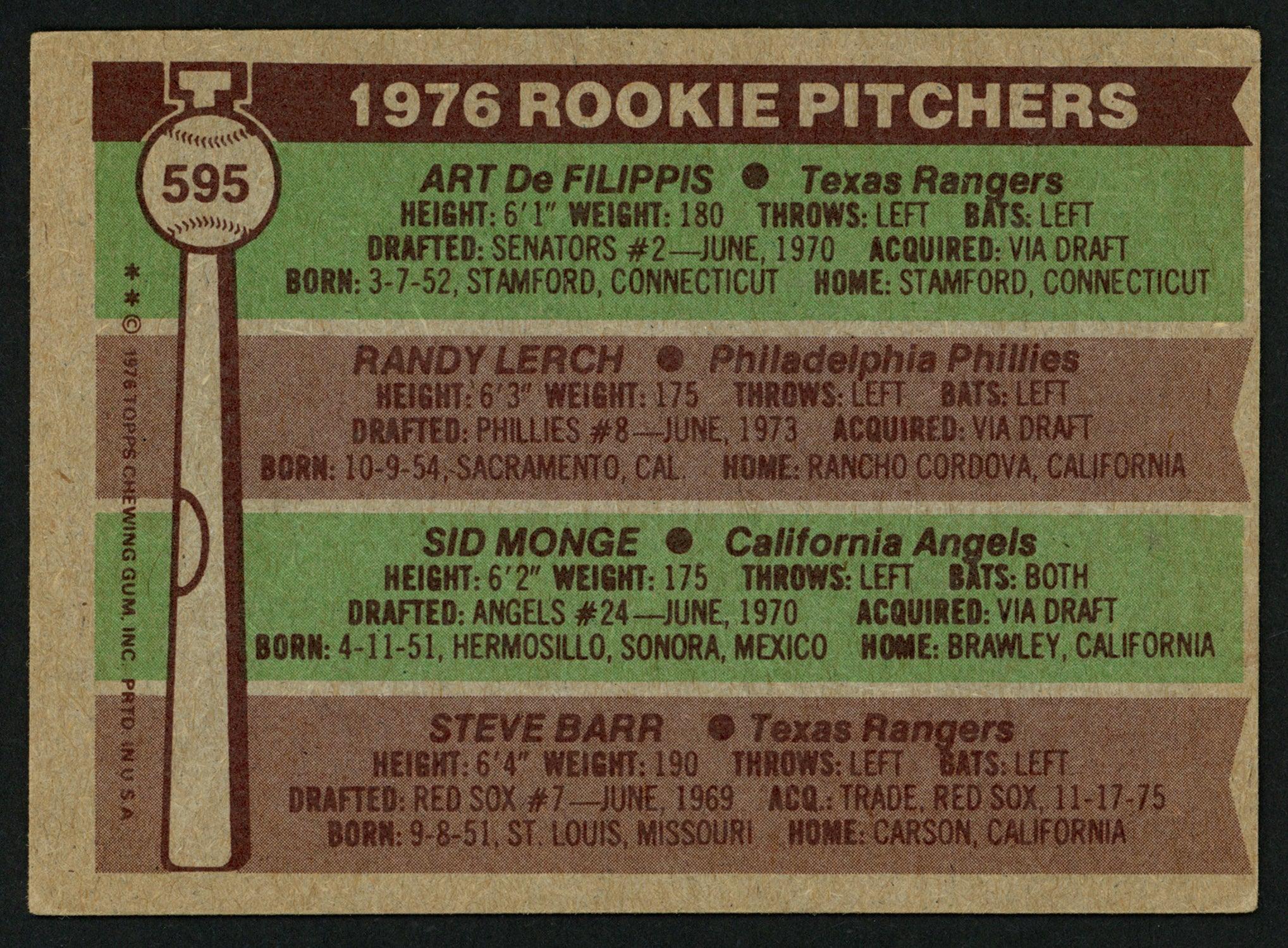 Sid Monge & Randy Lerch Autographed 1976 Topps Rookie Card #595 SKU #149735 - Image 2