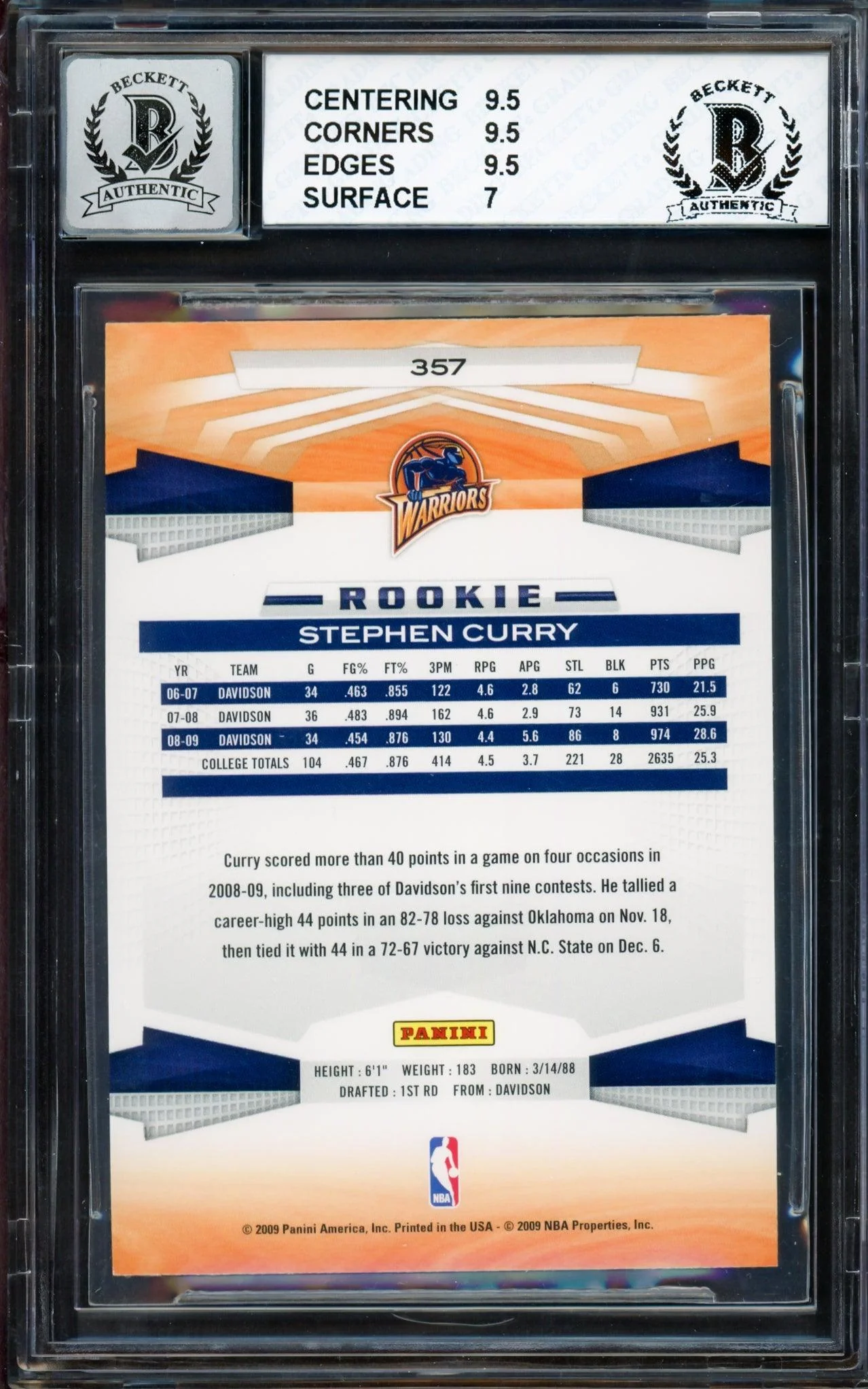 Stephen Curry Autographed 2009-10 Panini Rookie Card #357 Golden State Warriors BGS 8 Auto Grade Gem Mint 10 Beckett BAS #14984861 - Image 2