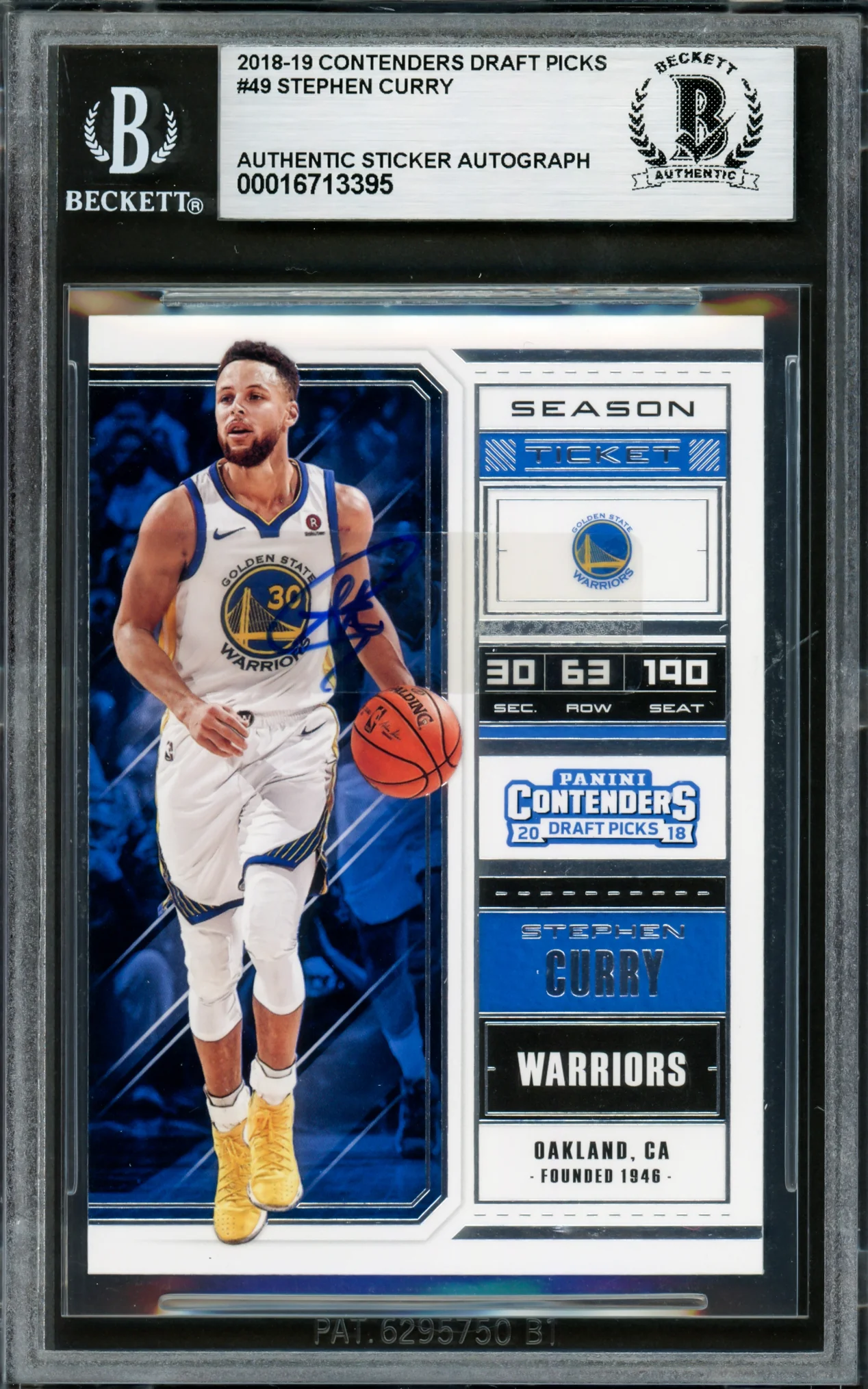 Stephen Curry Autographed 2018-19 Playoff Contenders Draft Picks Card #49 Golden State Warriors Beckett BAS #16713395