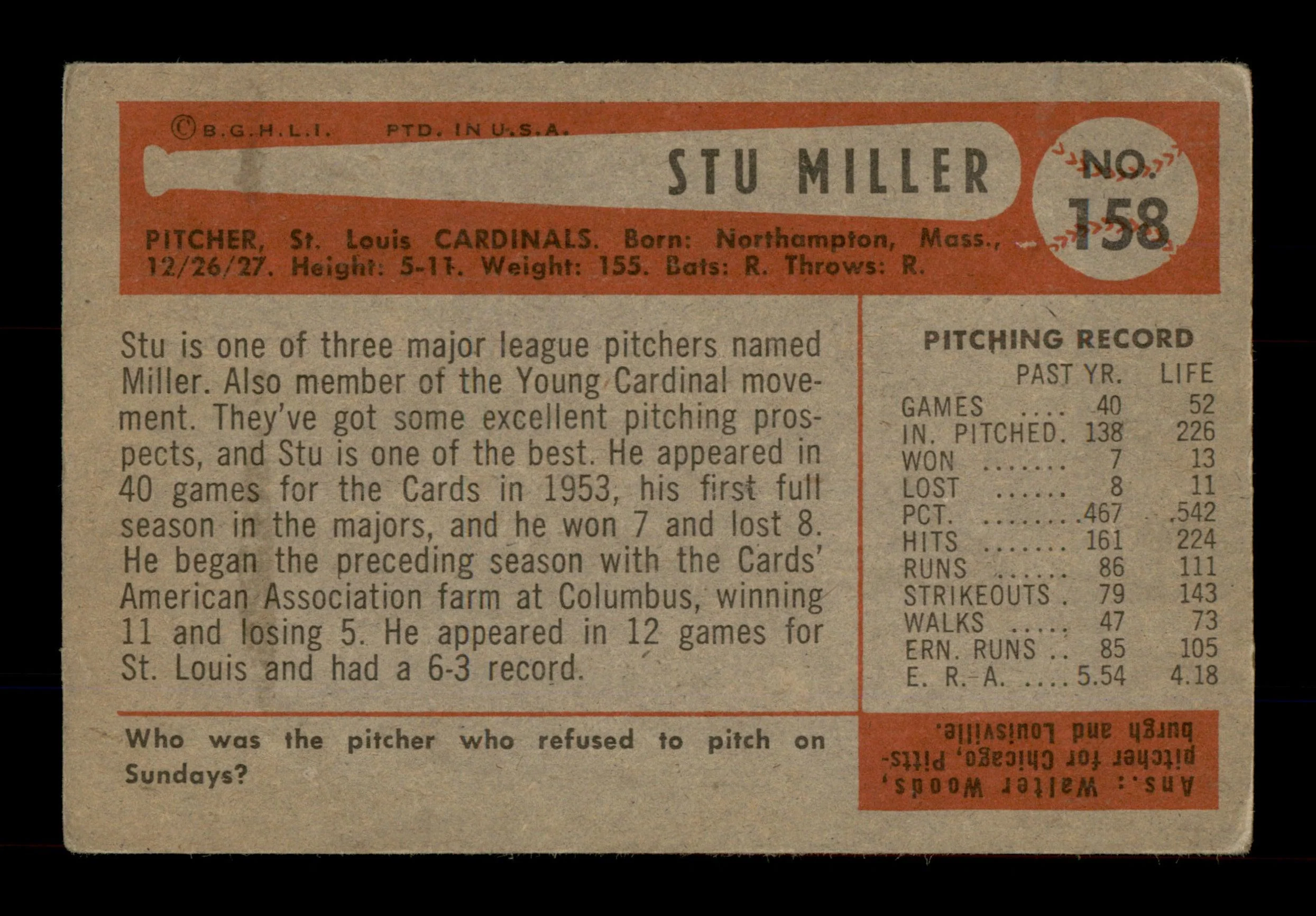 Stu Miller Autographed 1954 Bowman Card #158 St. Louis Cardinals SKU #198275 - Image 2