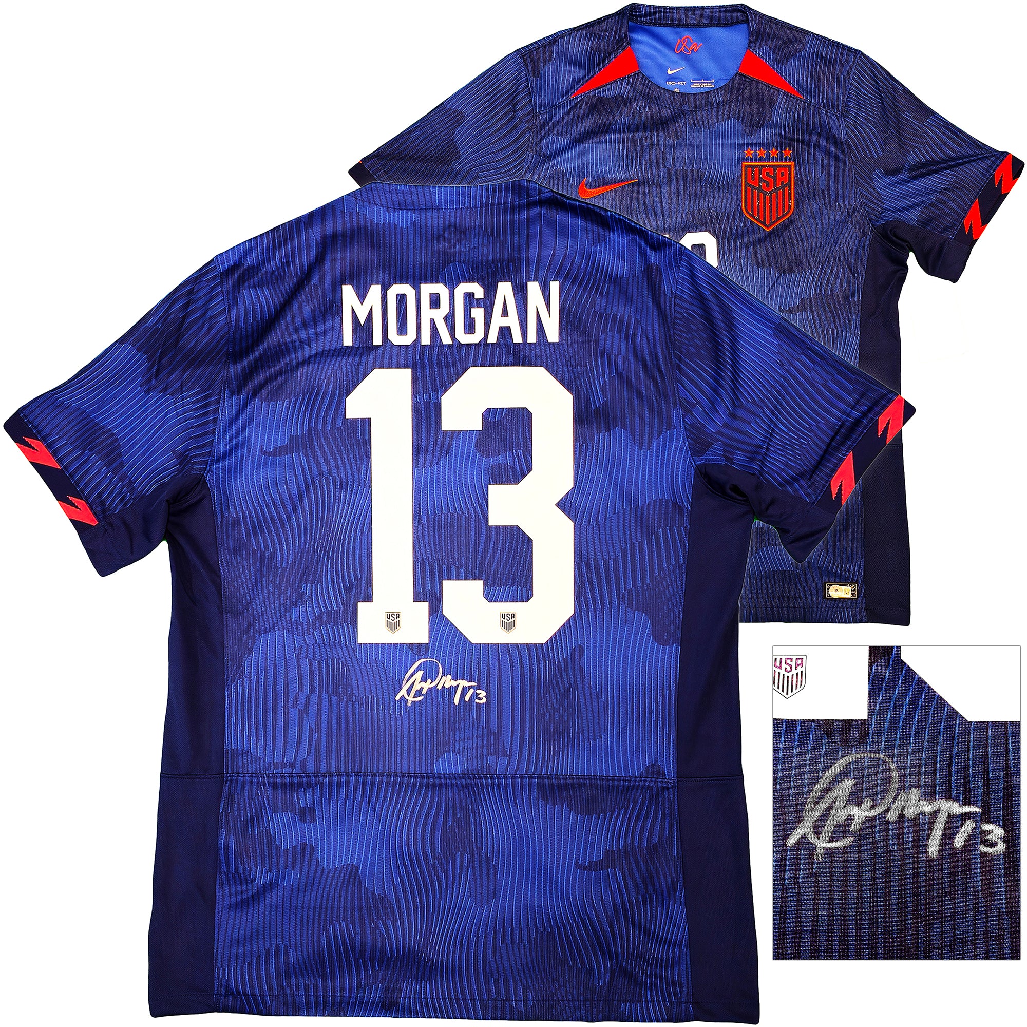 Team USA Alex Morgan Autographed Blue Nike Jersey Mens Size L Beckett BAS Witness