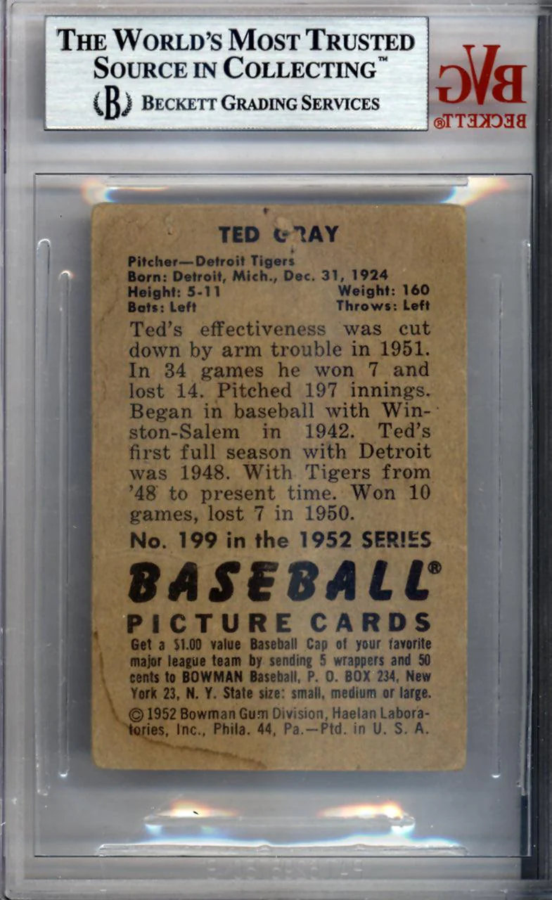 Ted Gray Autographed 1952 Bowman Card #199 Detroit Tigers Beckett BAS #9888913 - Image 2