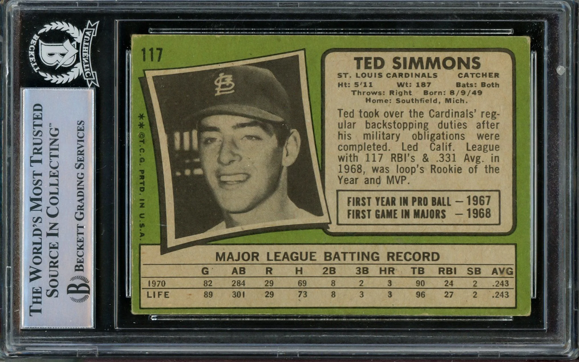 Ted Simmons Autographed 1971 Topps Rookie Card #117 St. Louis Cardinals Beckett BAS #14862604 - Image 2