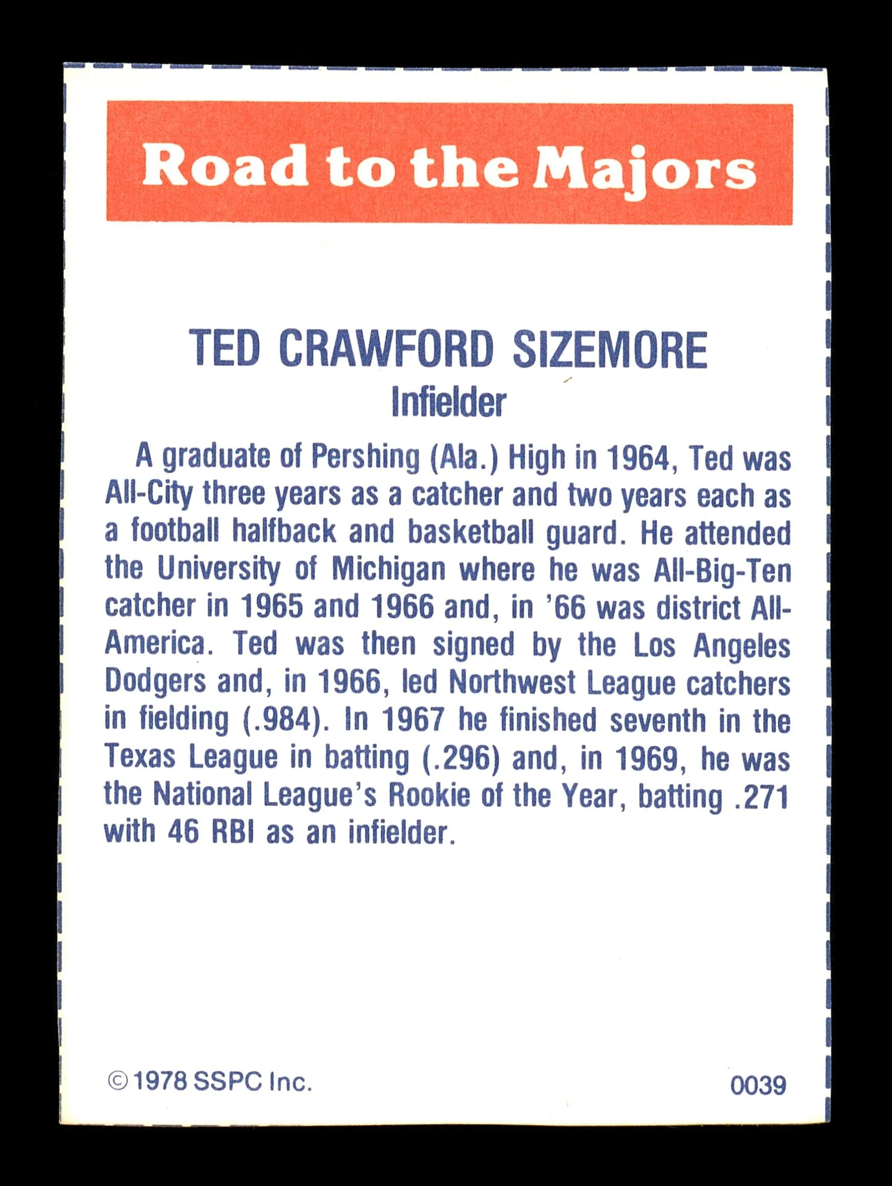 Ted Sizemore Autographed 1978 SSPC Card #39 Philadelphia Phillies SKU #172259 - Image 2