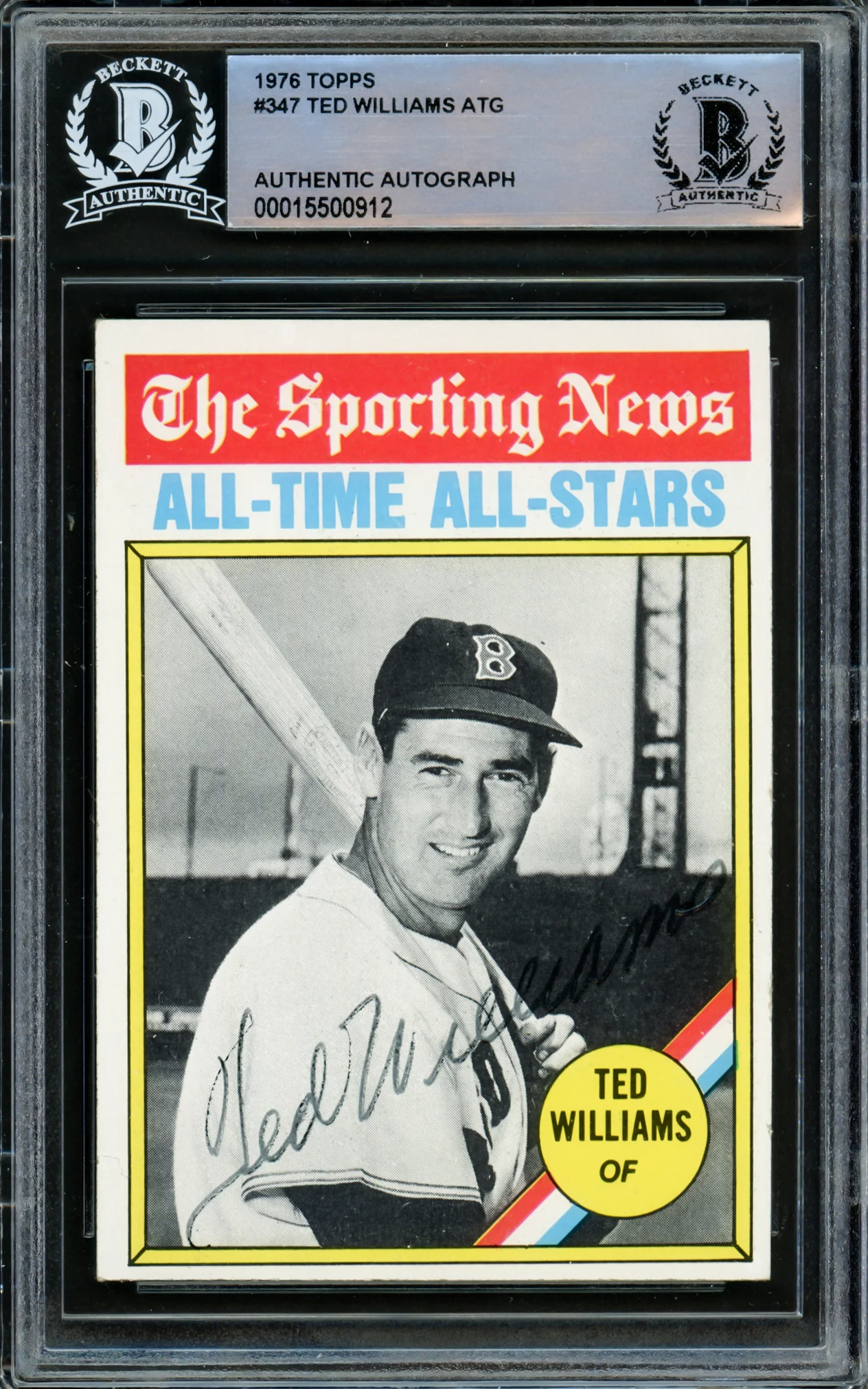 Ted Williams Autographed 1976 Topps Card #347 Boston Red Sox Beckett BAS #15500912