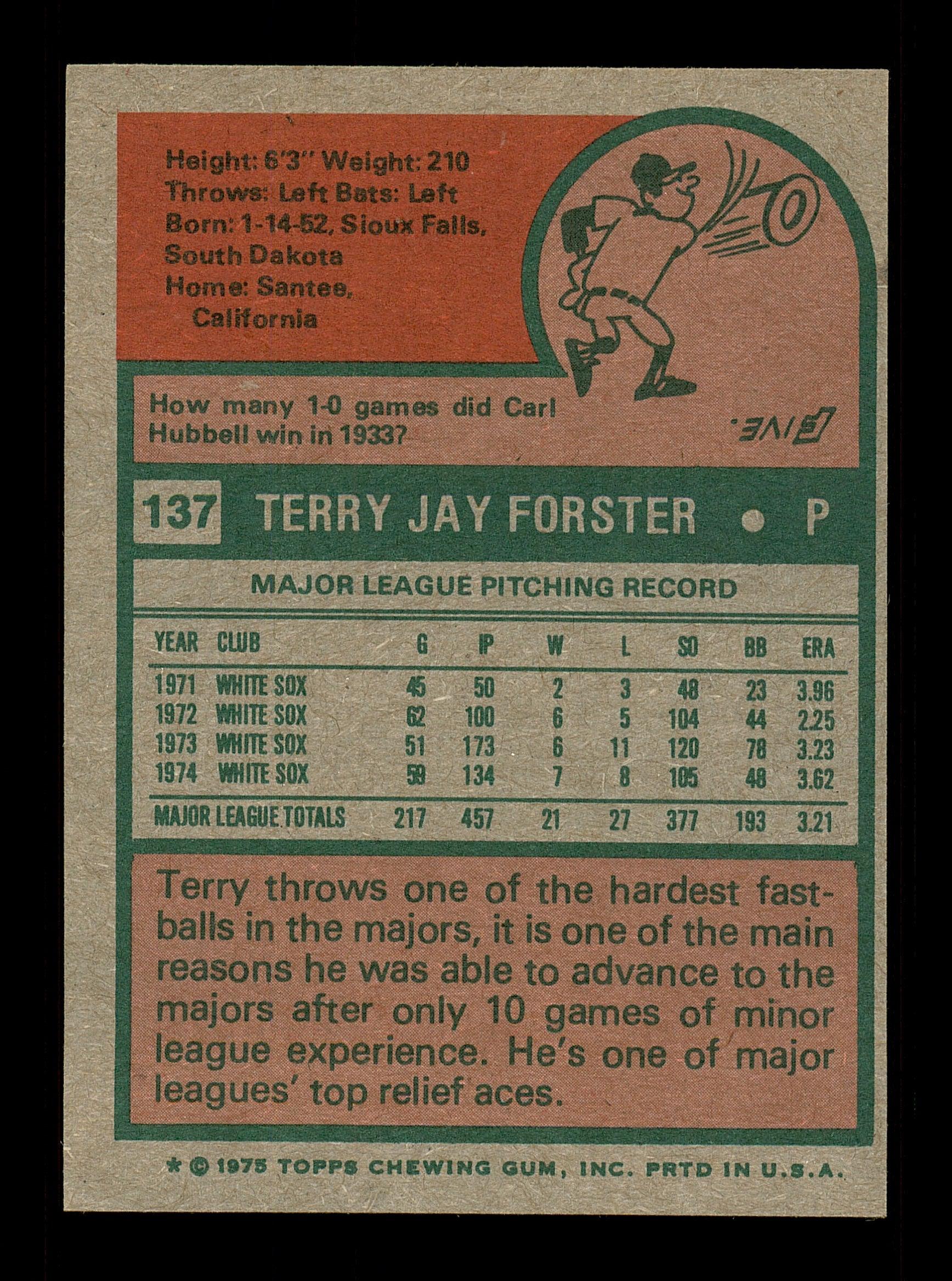 Terry Forster Autographed 1975 Topps Card #137 Chicago White Sox SKU #168379 - Image 2