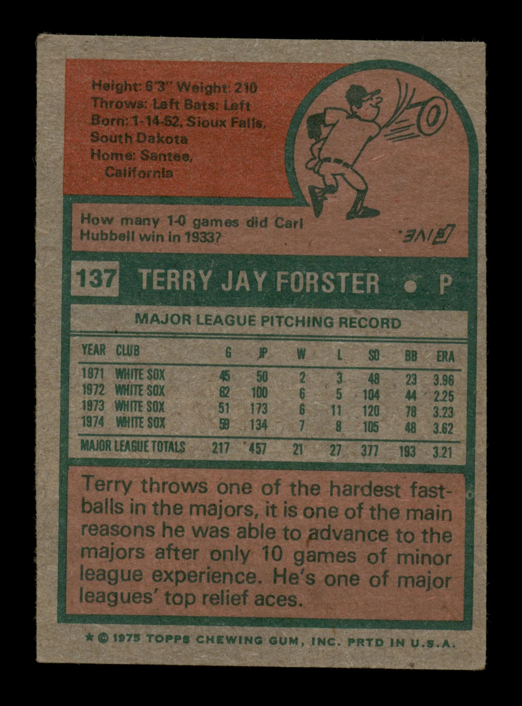 Terry Forster Autographed 1975 Topps Card #137 Chicago White Sox SKU #204402 - Image 2