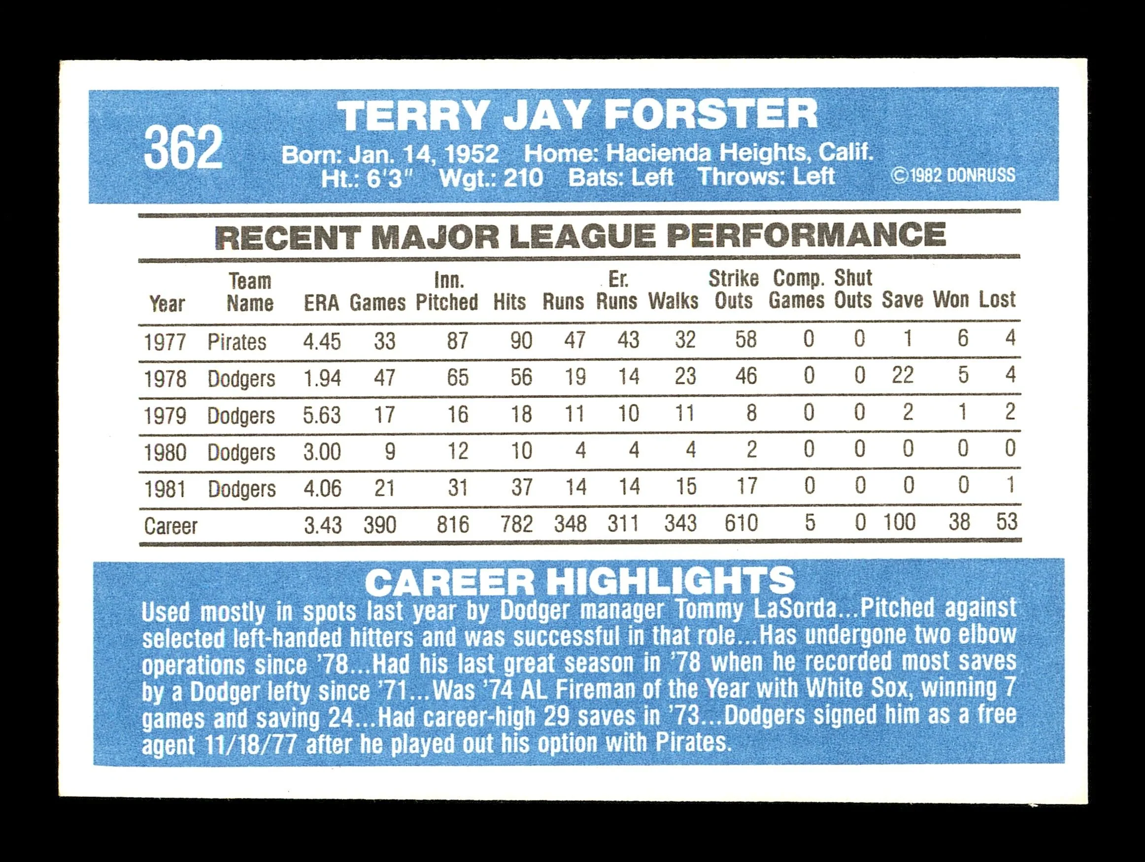 Terry Forster Autographed 1982 Donruss Card #362 Los Angeles Dodgers SKU #166866 - Image 2