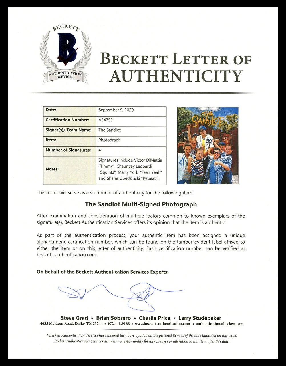 The Sandlot Autographed 11x14 Photo With 4 Signatures Beckett BAS Stock #181317 - Image 2