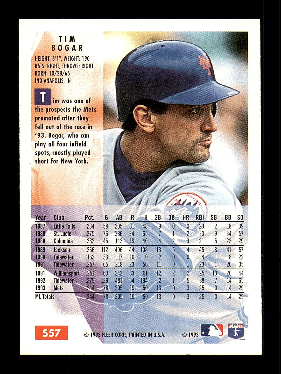 Tim Bogar Autographed 1994 Fleer Card #557 New York Mets SKU #183616 - Image 2