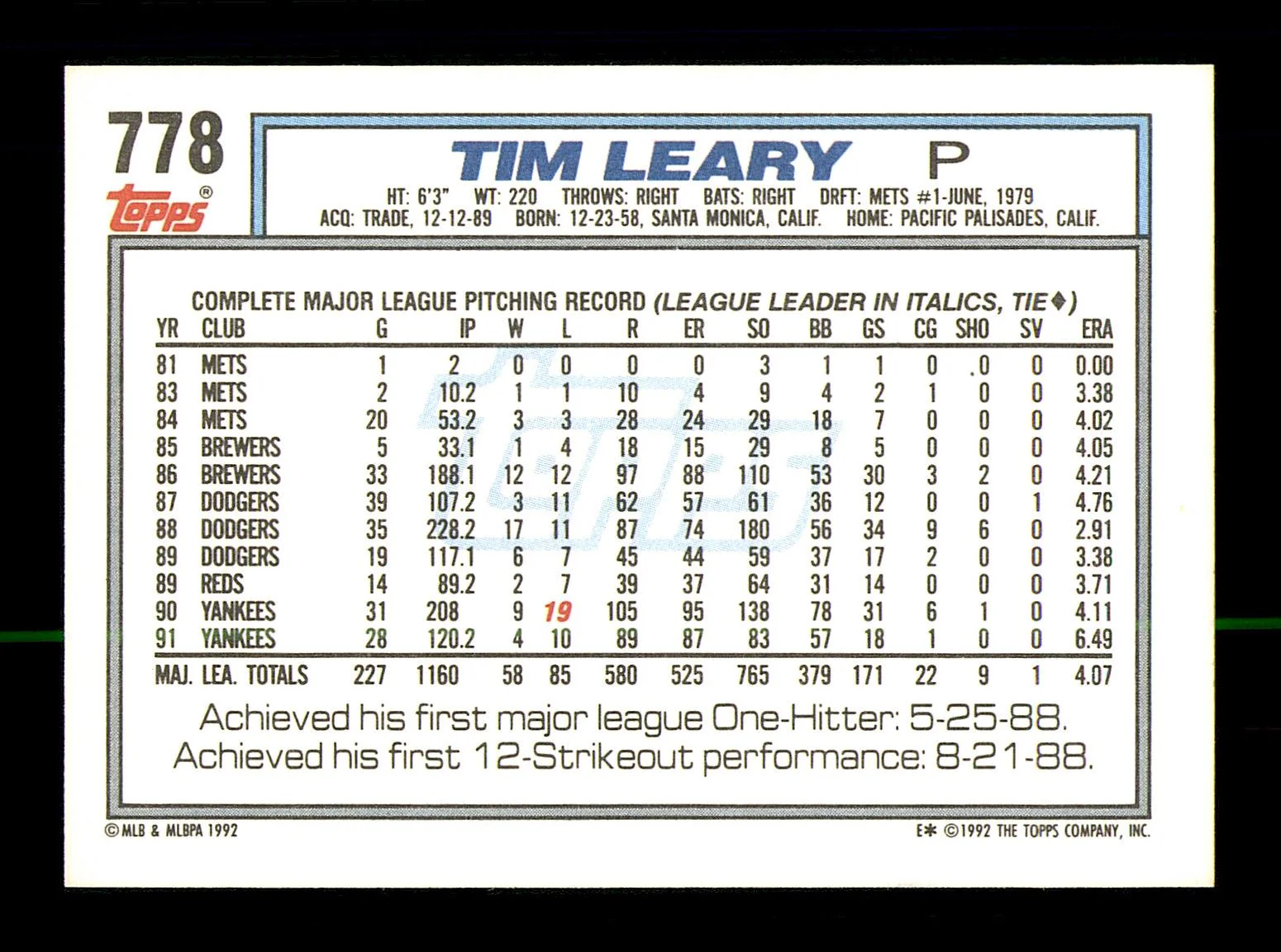 Tim Leary Autographed 1992 Topps Card #778 New York Yankees SKU #183785 - Image 2