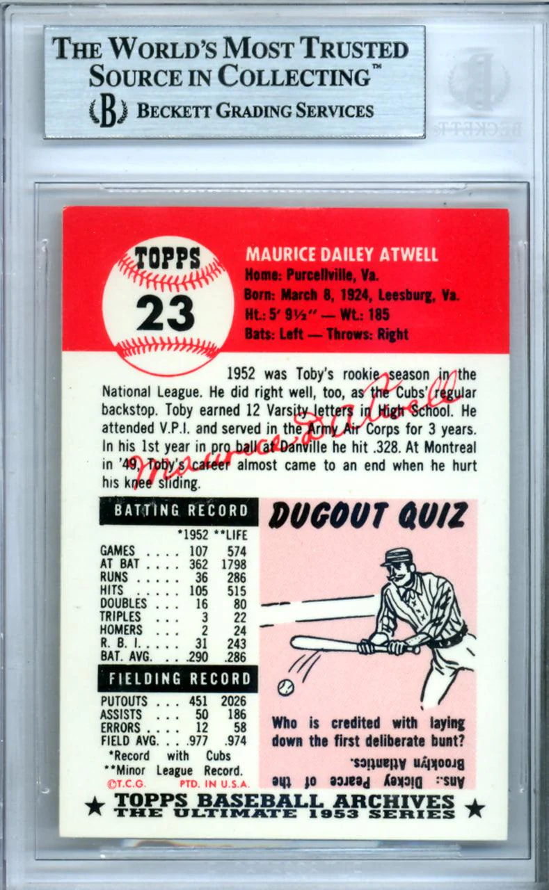 Toby Atwell Autographed 1953 Topps Archives Card #23 Chicago Cubs Beckett BAS #9888236 - Image 2