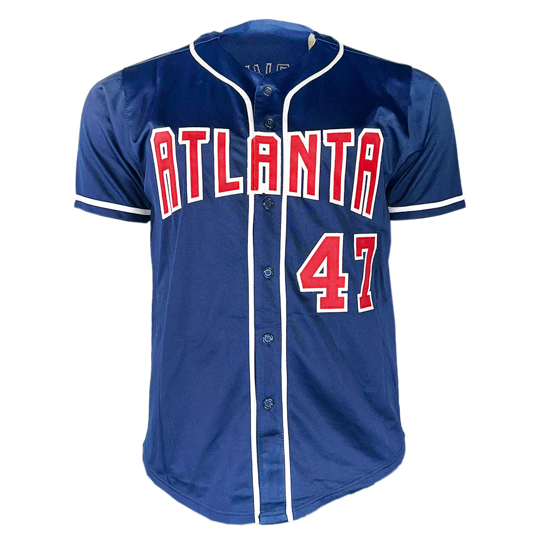 Tom Glavine Signed HOF 14 Inscription Atlanta Navy Baseball Jersey (JSA) - Image 3