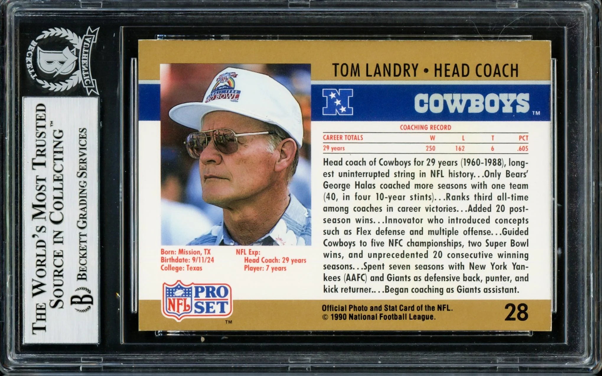 Tom Landry Autographed 1990 Pro Set Card #28 Dallas Cowboys Beckett BAS #14133818 - Image 2